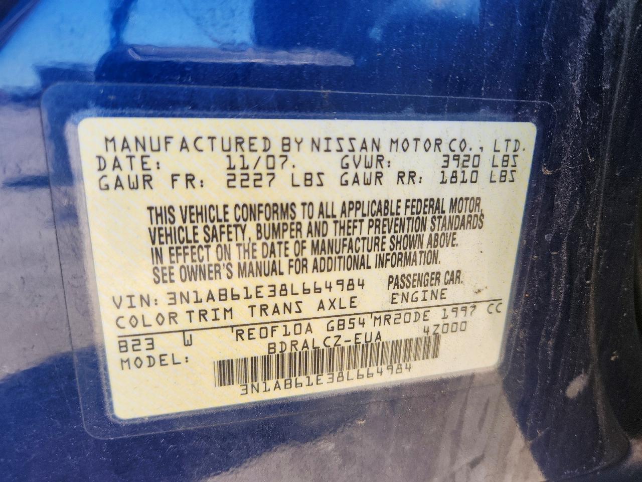 2008 Nissan Sentra 2.0 Blue vin: 3N1AB61E38L664984