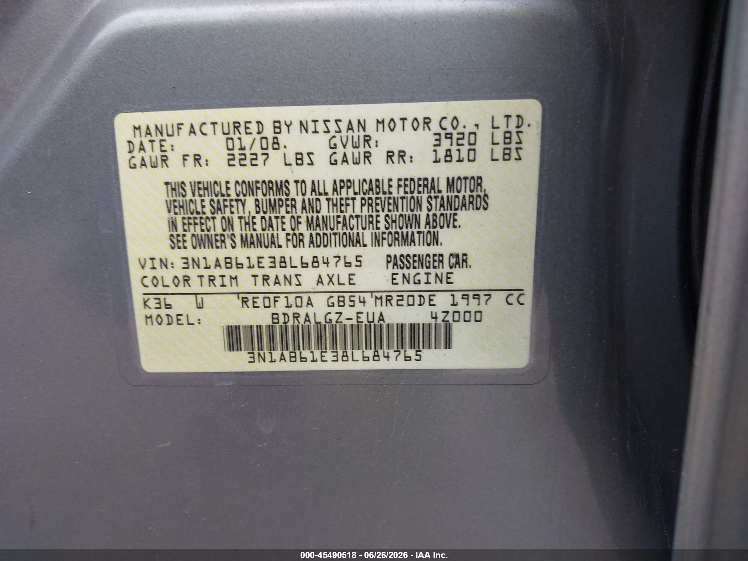 2008 Nissan Sentra 2.0 Sl Gray vin: 3N1AB61E38L684765