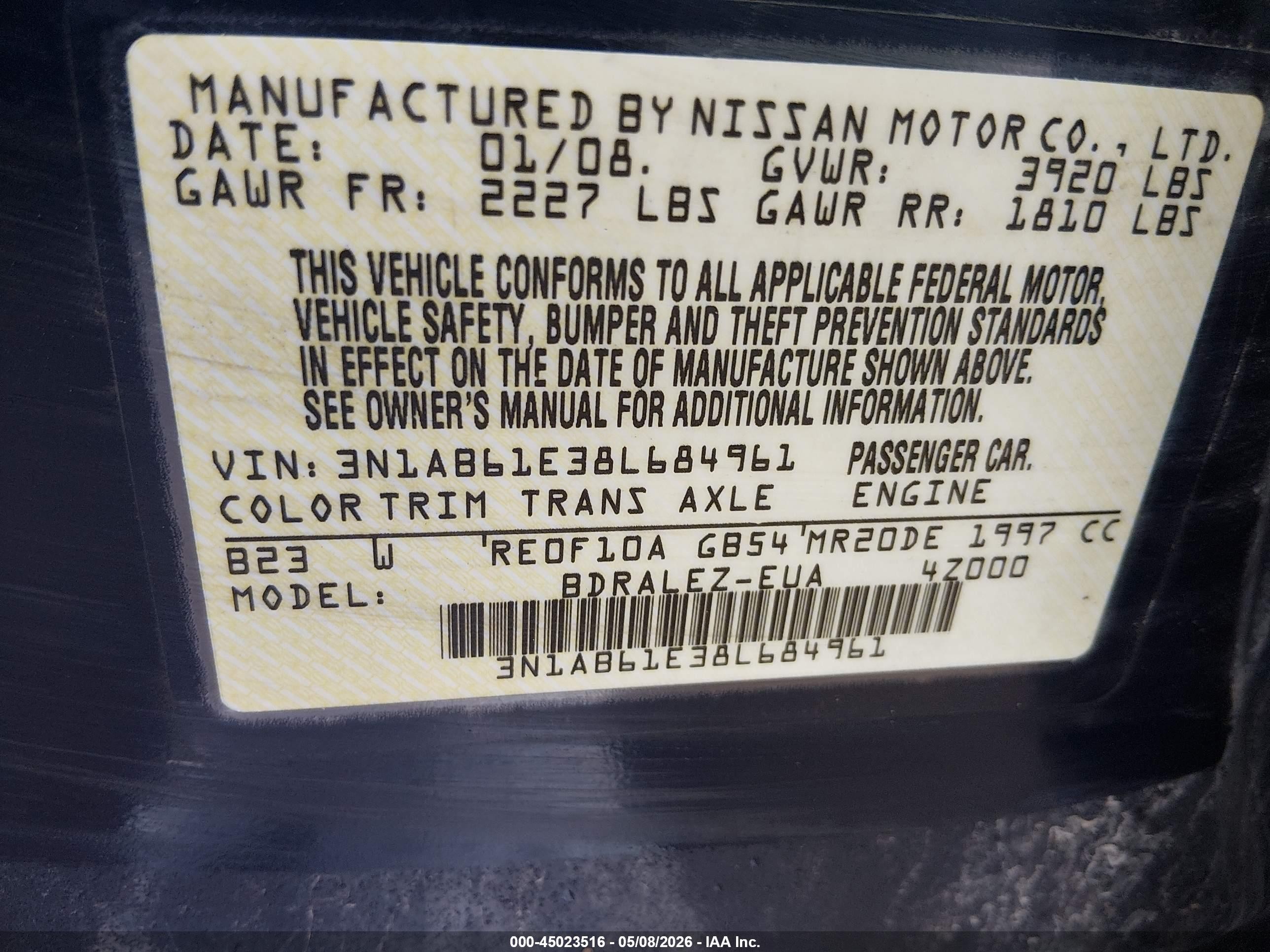 2008 Nissan Sentra 2.0s Blue vin: 3N1AB61E38L684961