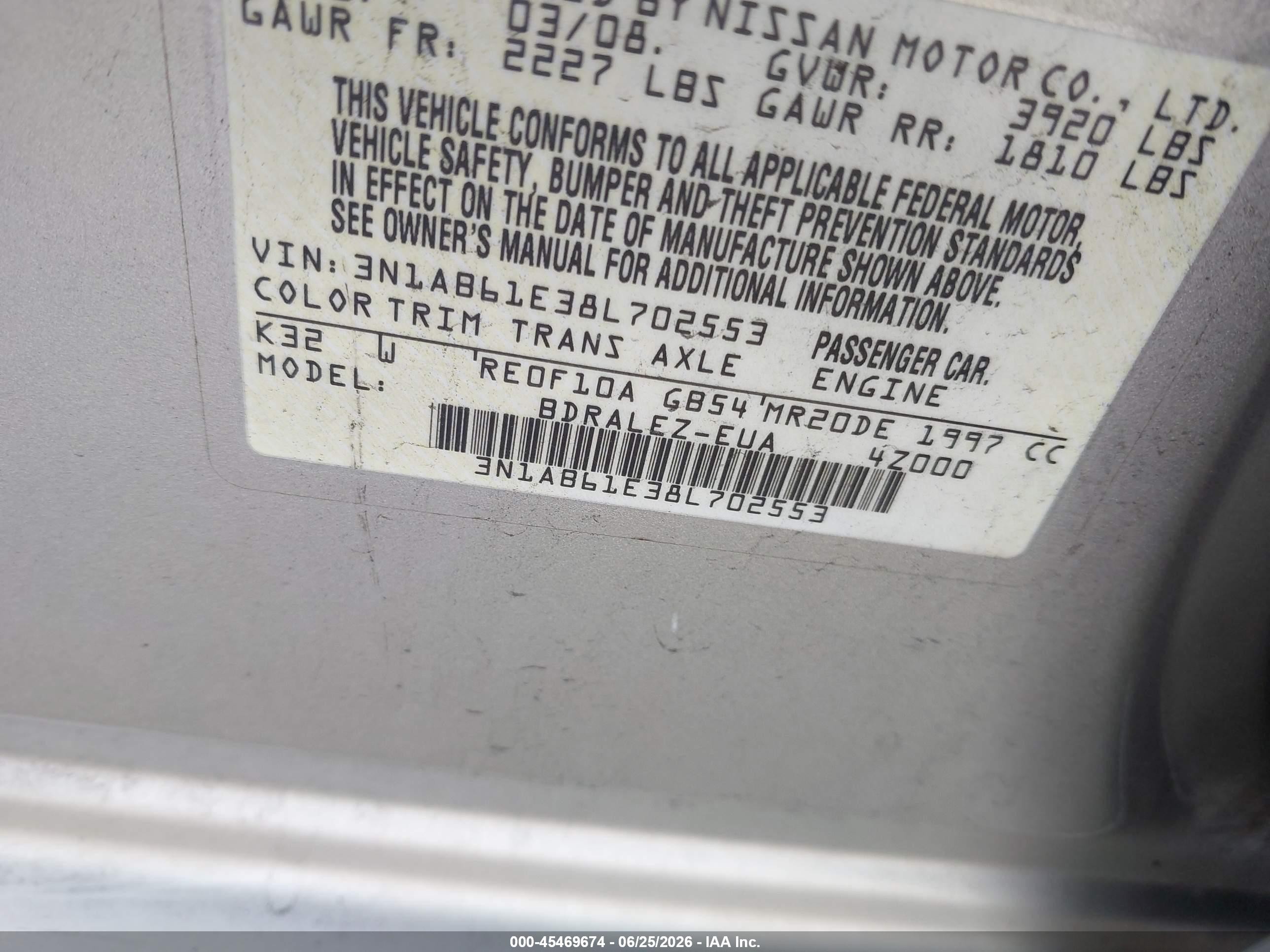 2008 Nissan Sentra 2.0 S Champagne vin: 3N1AB61E38L702553