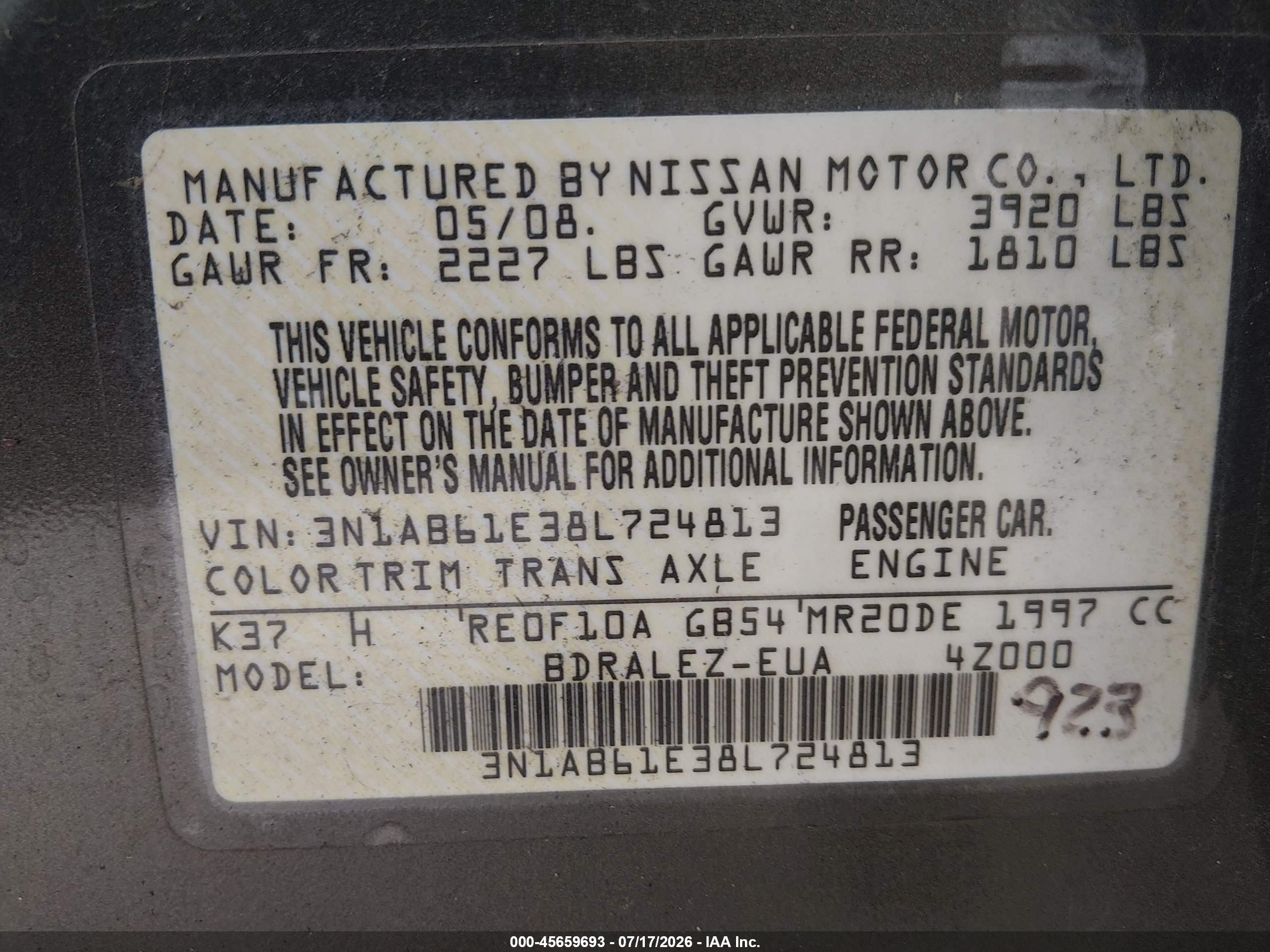 2008 Nissan Sentra 2.0 S Gray vin: 3N1AB61E38L724813