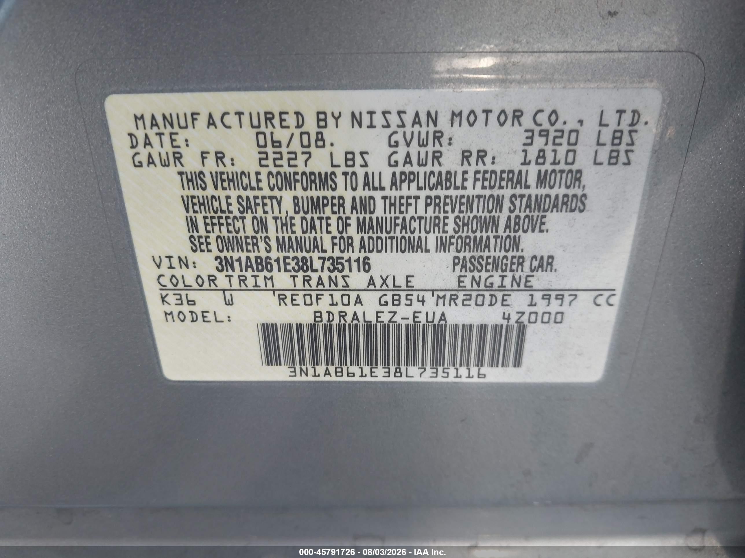 2008 Nissan Sentra 2.0s Gray vin: 3N1AB61E38L735116