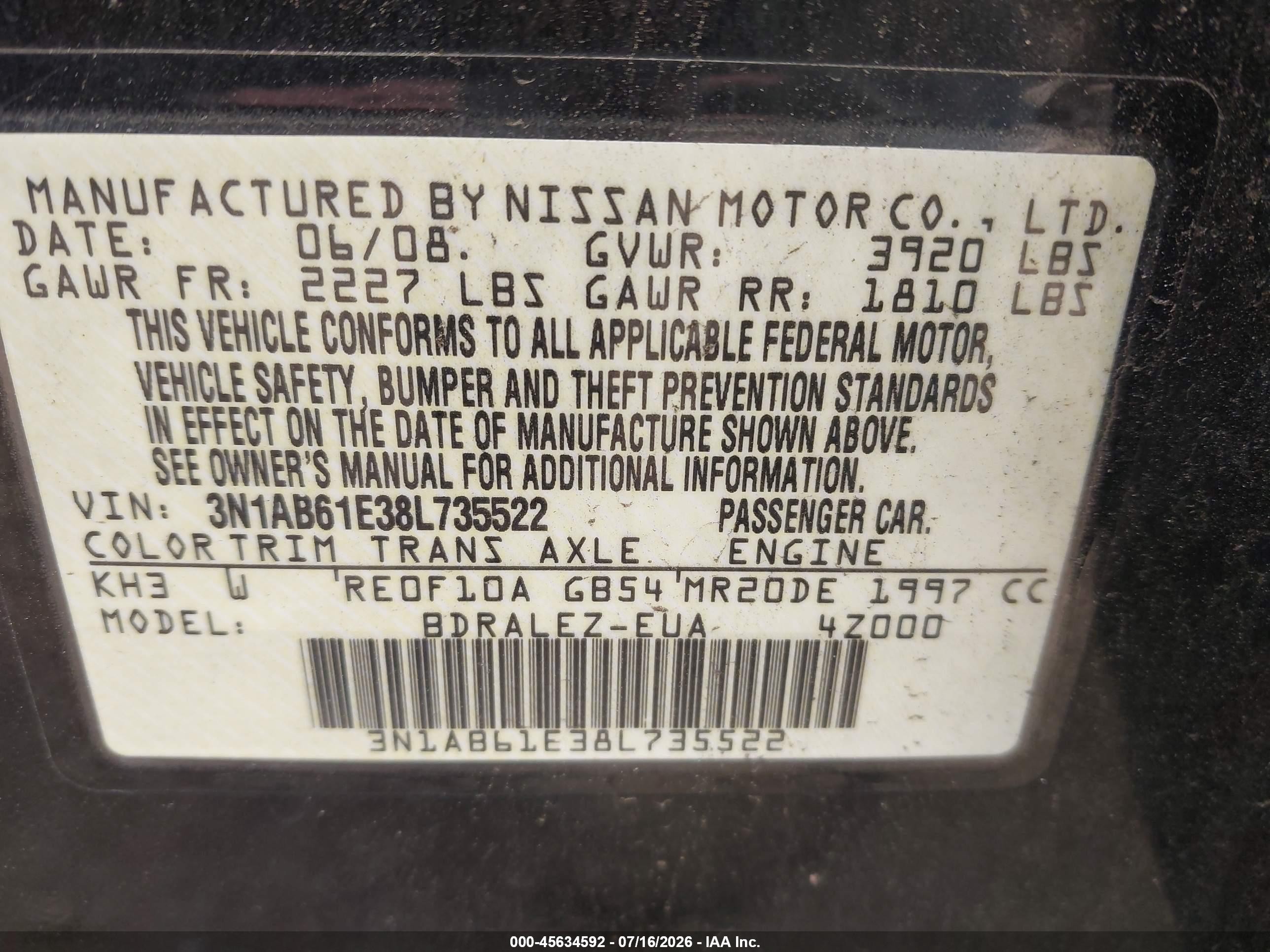 2008 Nissan Sentra 2.0 S Black vin: 3N1AB61E38L735522