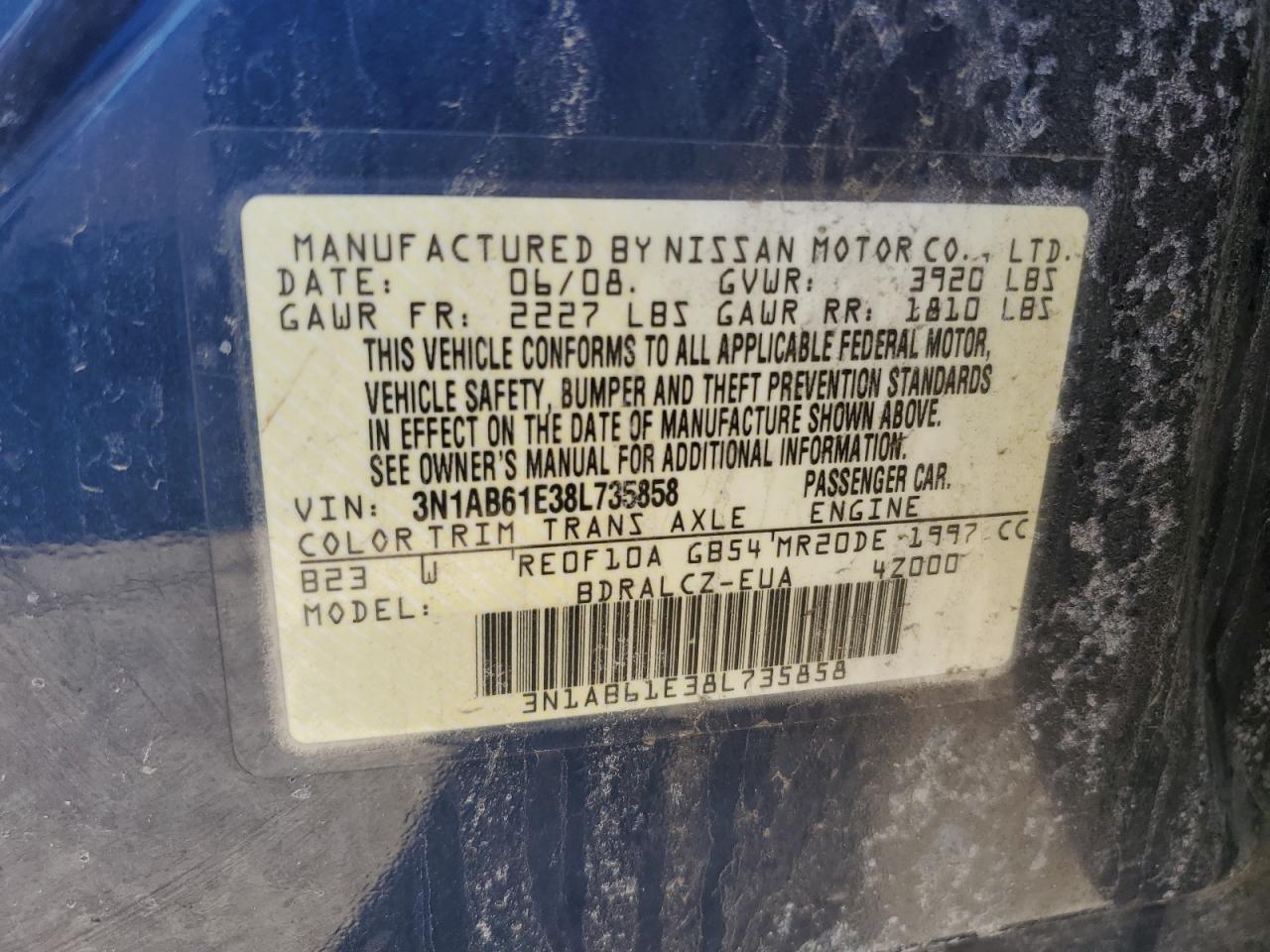 2008 Nissan Sentra 2.0 Blue vin: 3N1AB61E38L735858