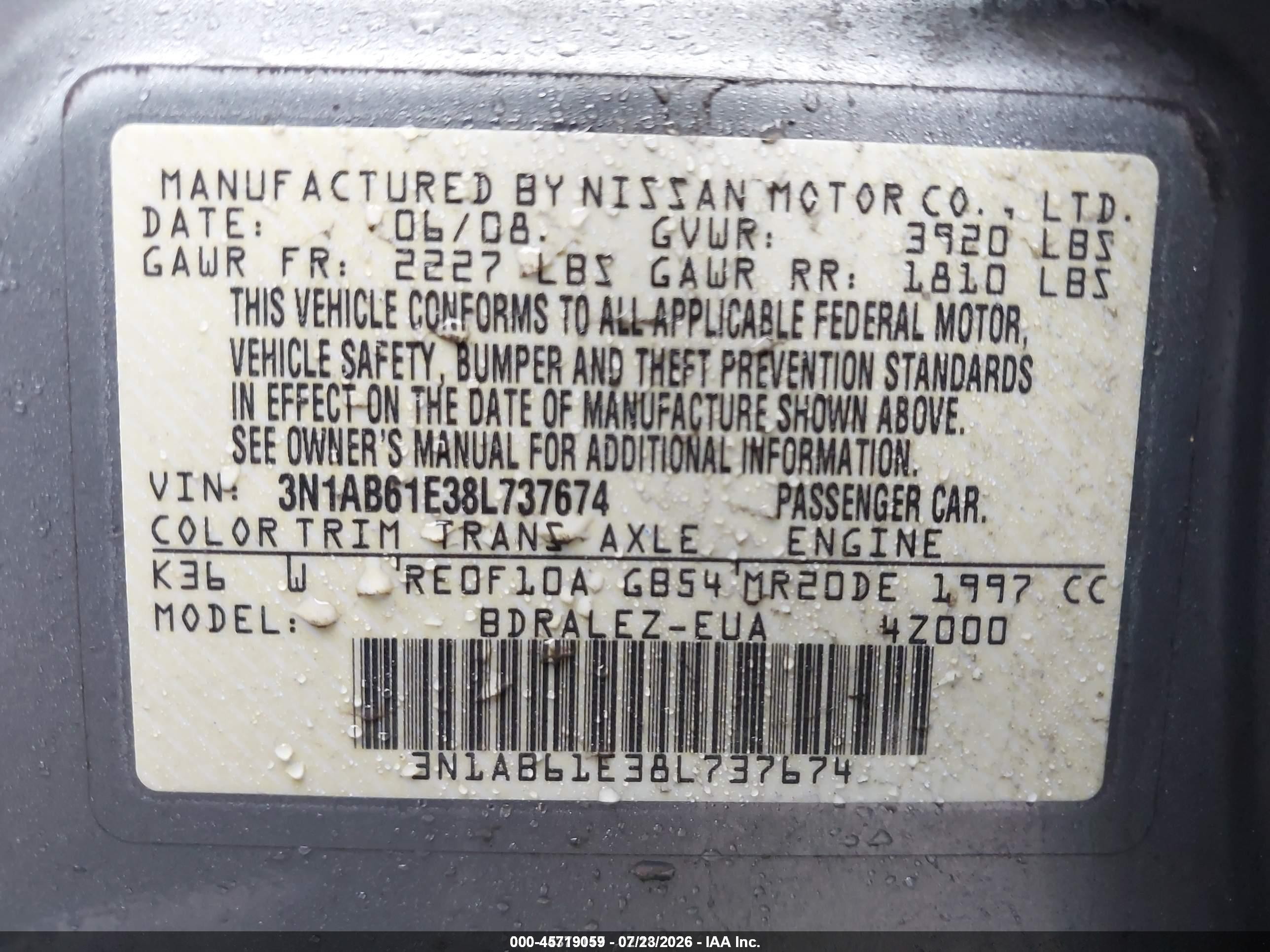 2008 Nissan Sentra 2.0s Gray vin: 3N1AB61E38L737674