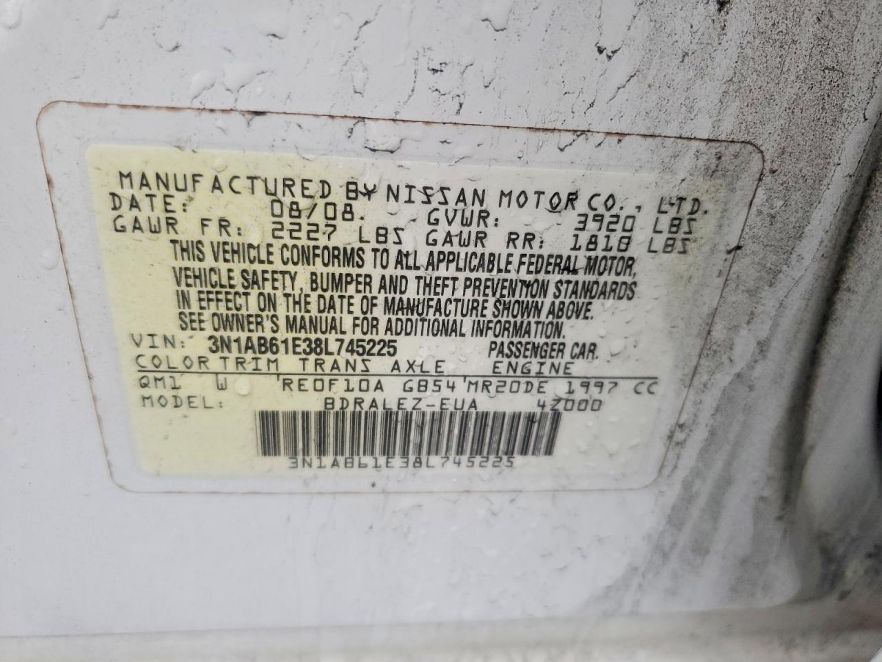 2008 Nissan Sentra 2.0 Белый vin: 3N1AB61E38L745225