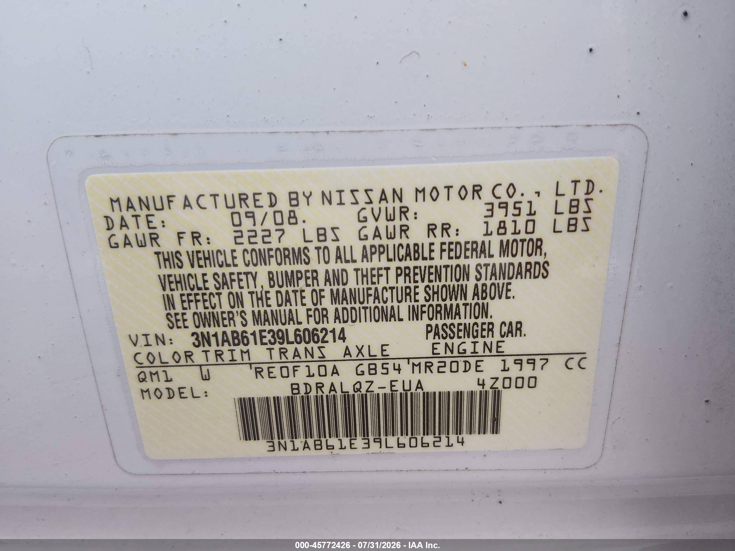2009 Nissan Sentra 2.0 White vin: 3N1AB61E39L606214