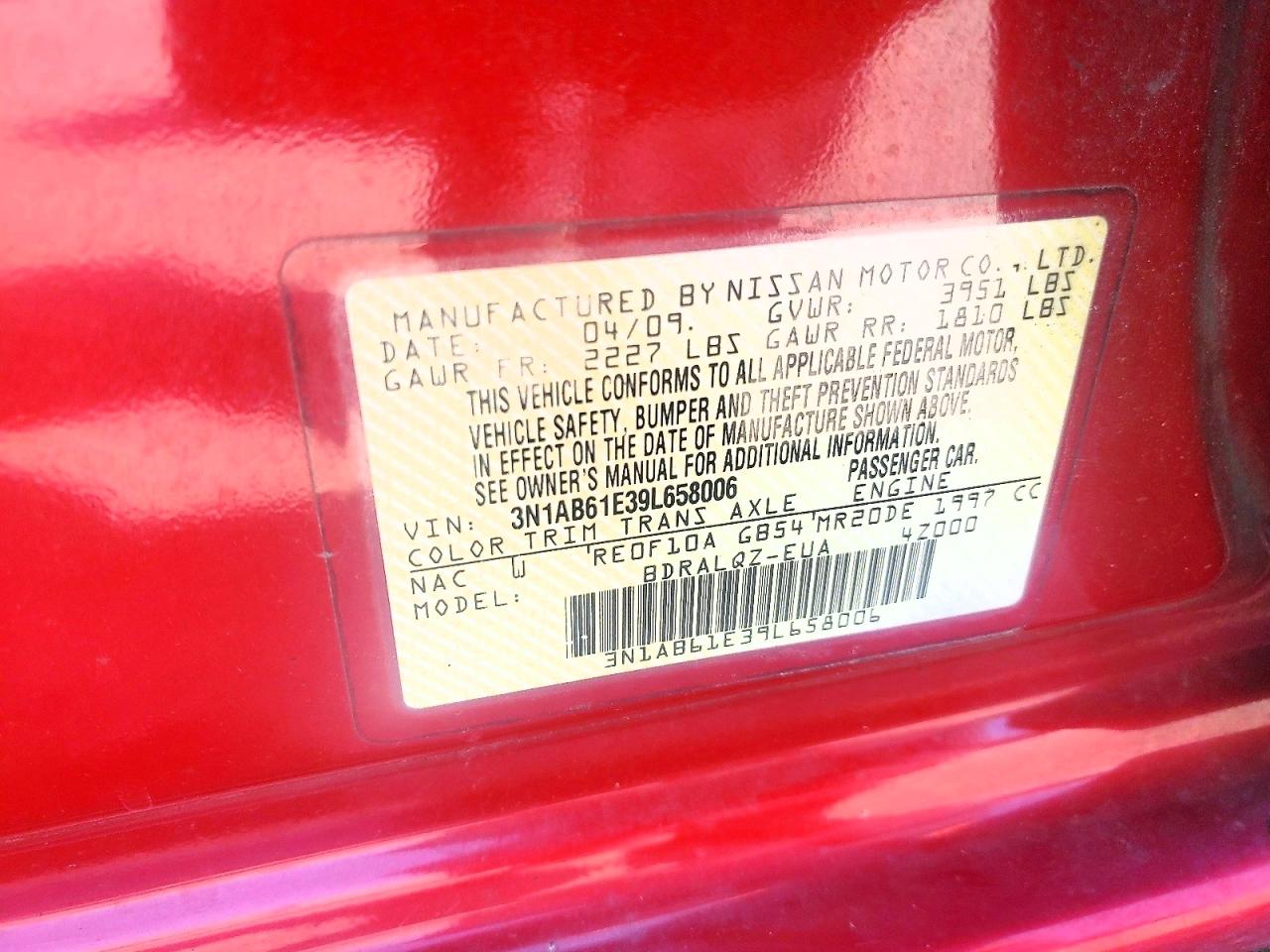 2009 Nissan Sentra 2.0 Red vin: 3N1AB61E39L658006