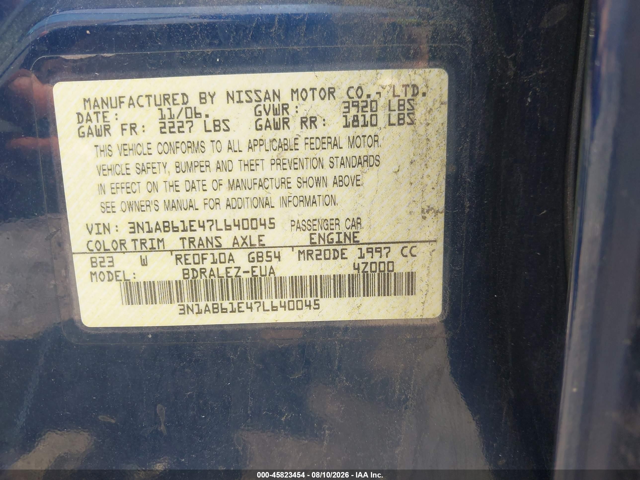 2007 Nissan Sentra 2.0s Blue vin: 3N1AB61E47L640045