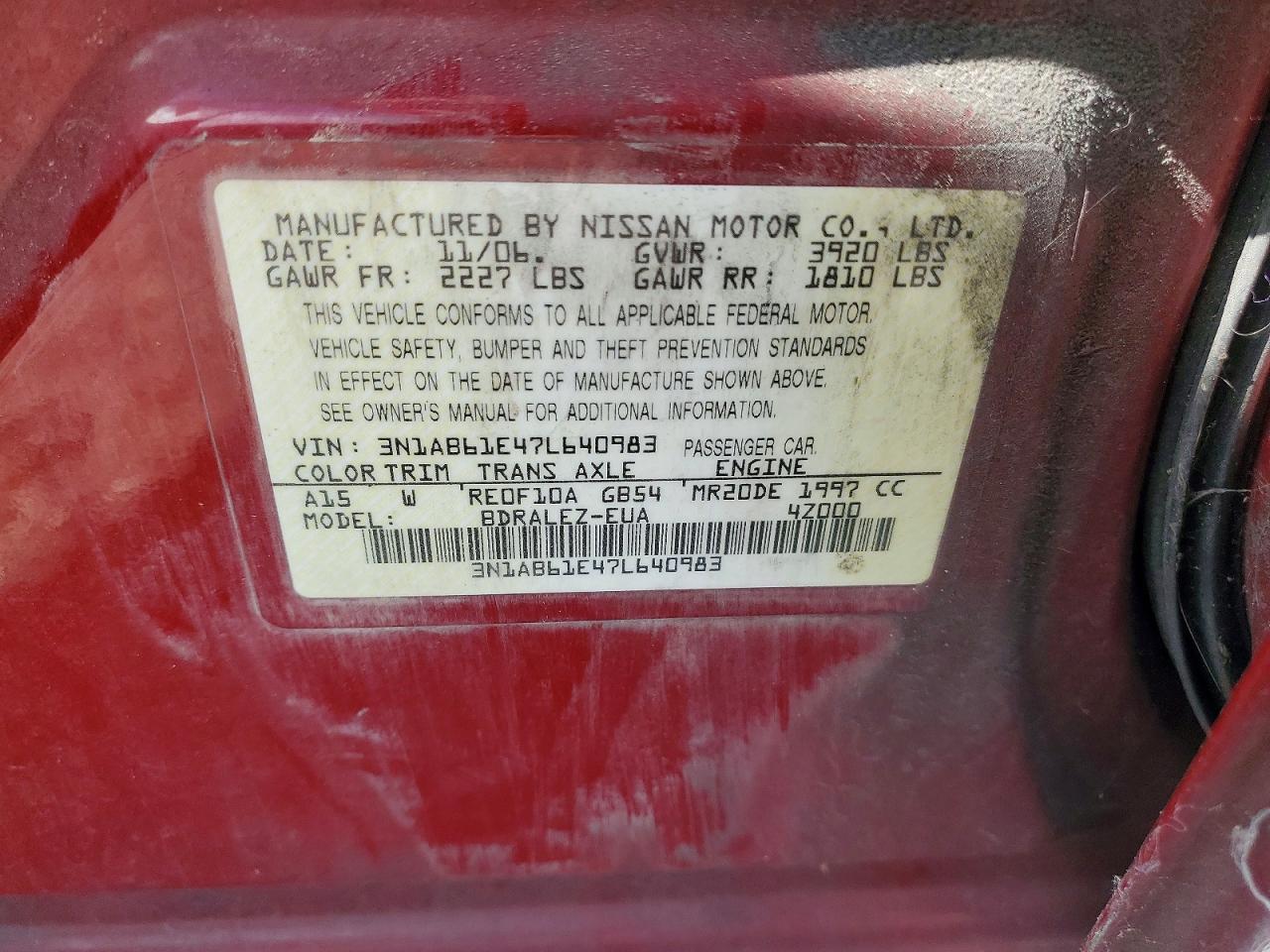 2007 Nissan Sentra 2.0 Red vin: 3N1AB61E47L640983