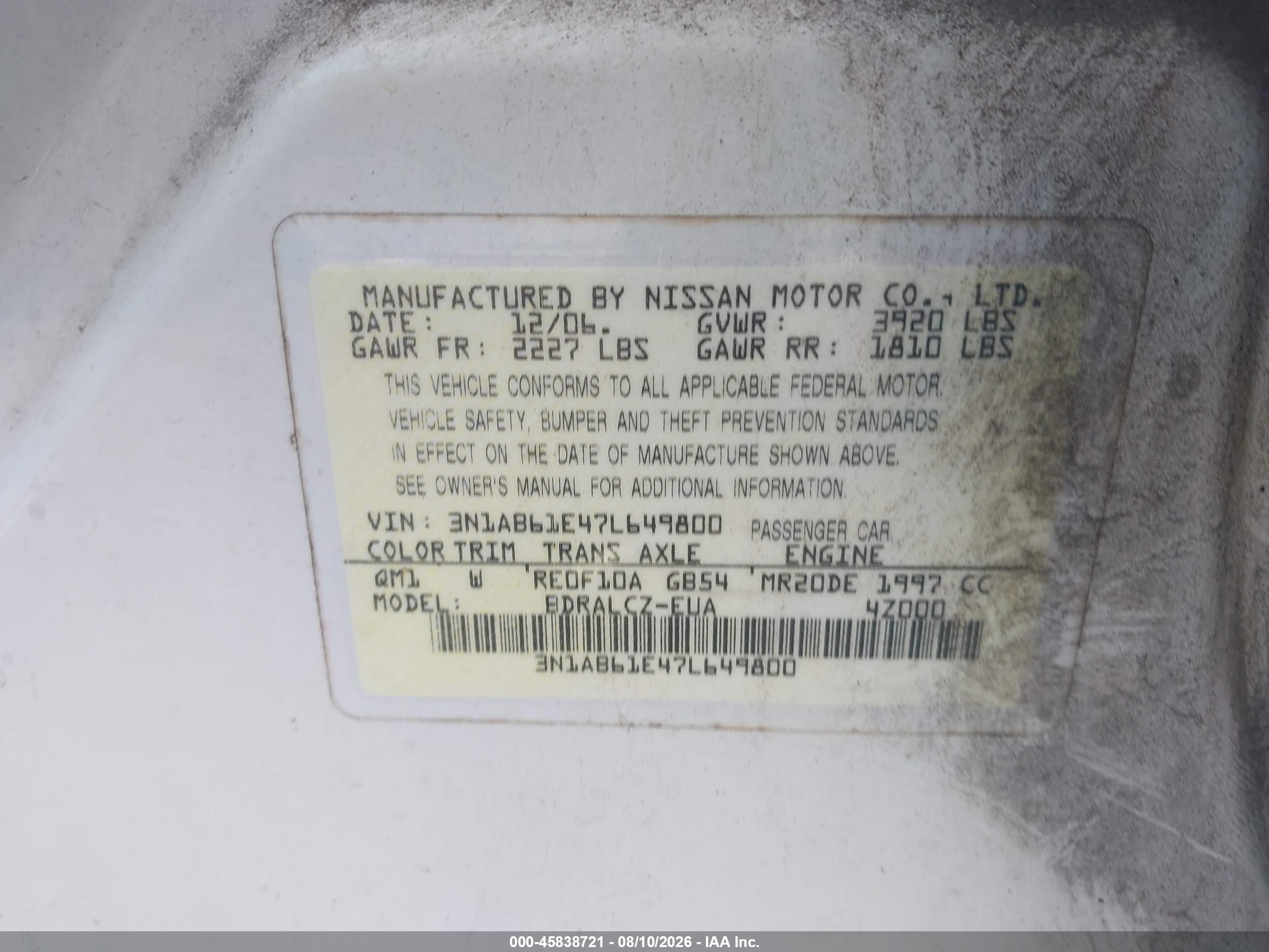 2007 Nissan Sentra 2.0 White vin: 3N1AB61E47L649800