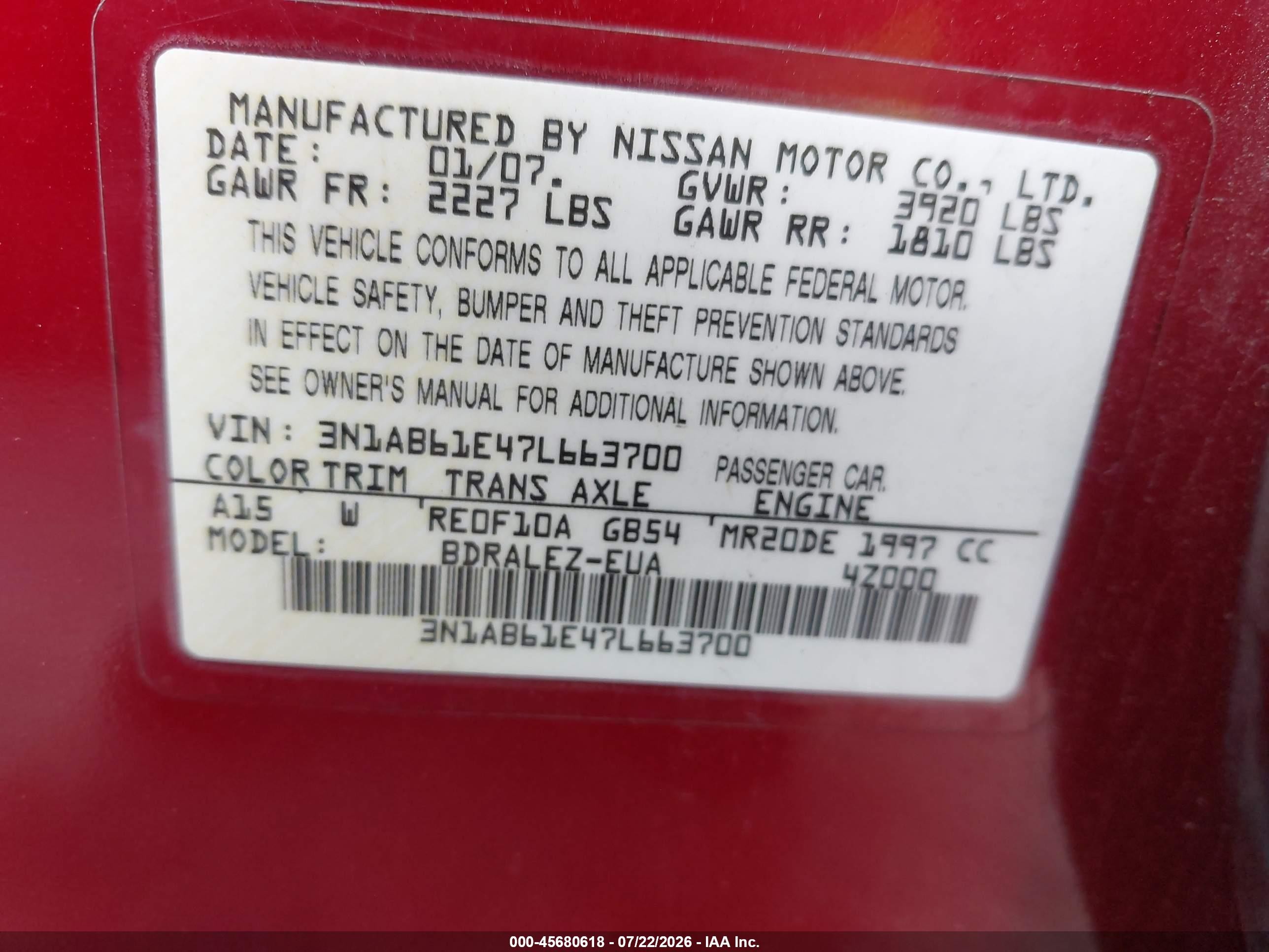 2007 Nissan Sentra 2.0s Red vin: 3N1AB61E47L663700