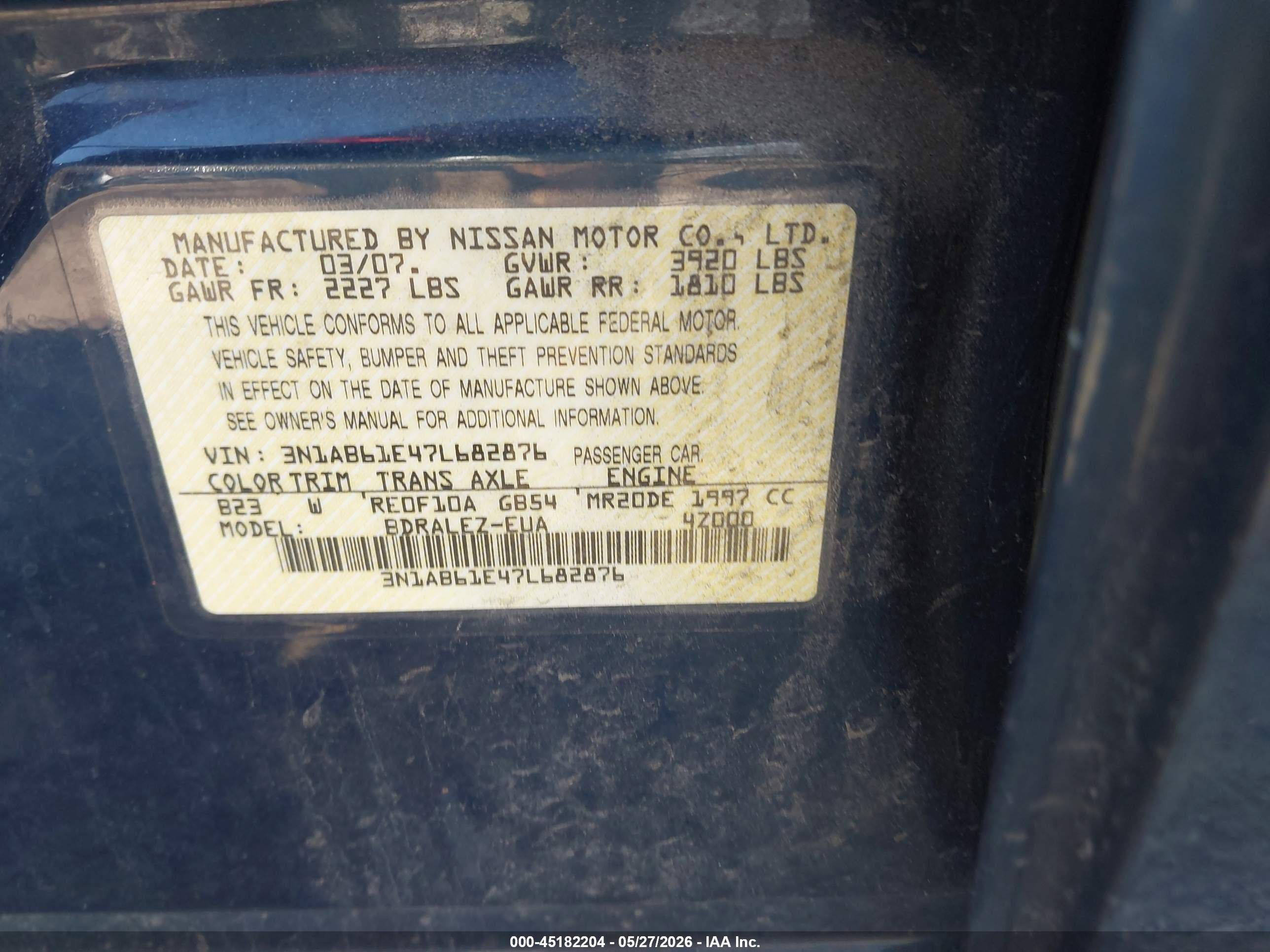 2007 Nissan Sentra 2.0s Dark Blue vin: 3N1AB61E47L682876
