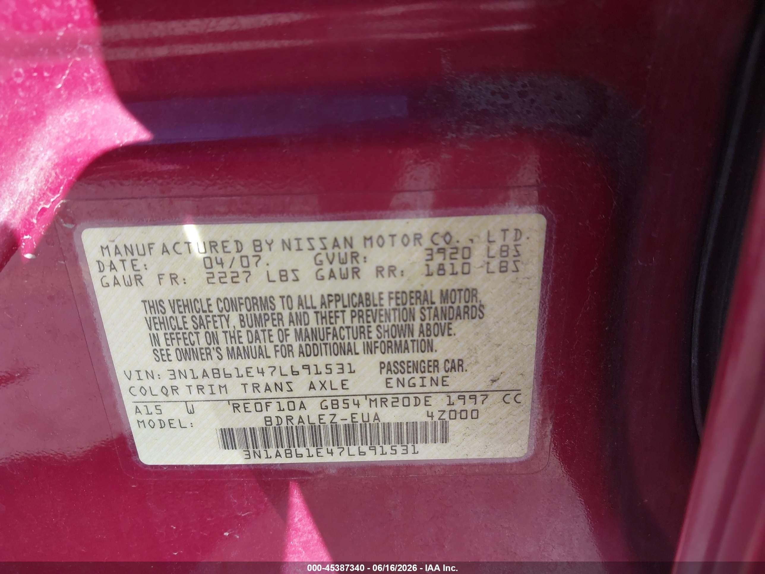 2007 Nissan Sentra 2.0s Red vin: 3N1AB61E47L691531