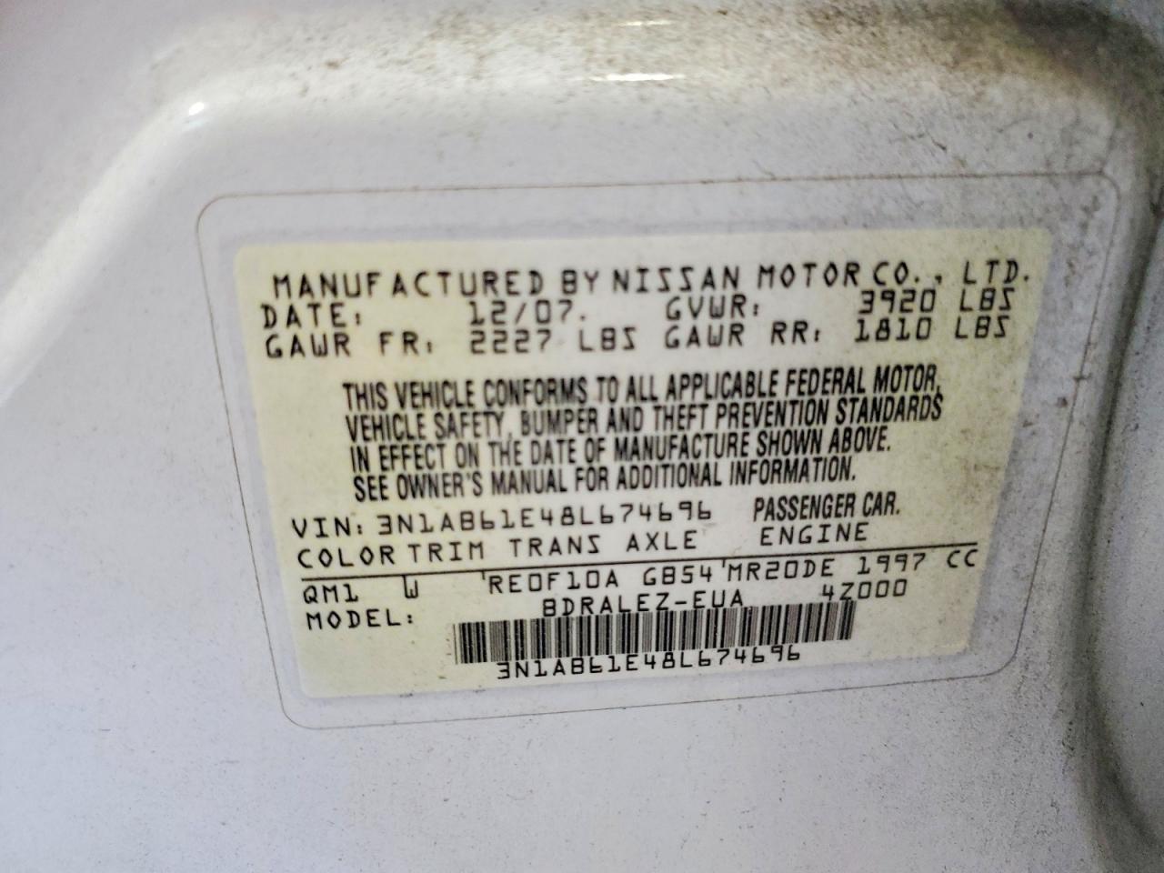 2008 Nissan Sentra 2.0 White vin: 3N1AB61E48L674696