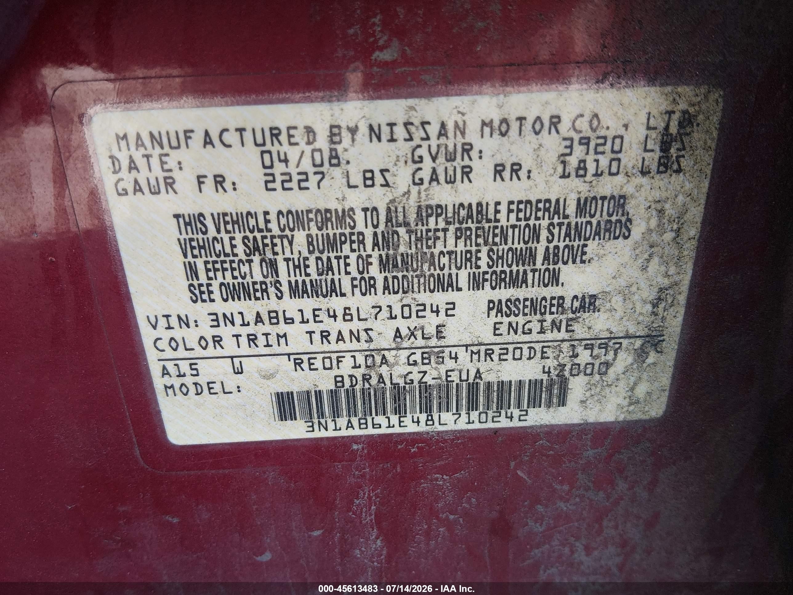 2008 Nissan Sentra 2.0 Sl Burgundy vin: 3N1AB61E48L710242