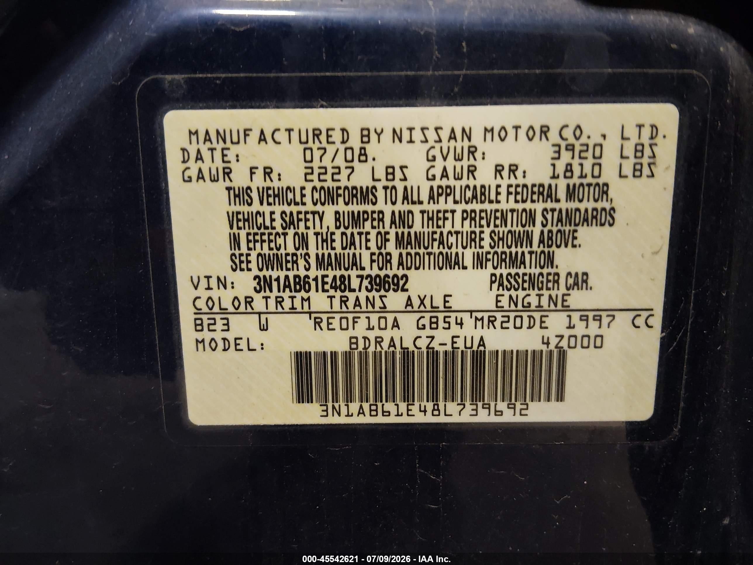 2008 Nissan Sentra 2.0 Dark Blue vin: 3N1AB61E48L739692