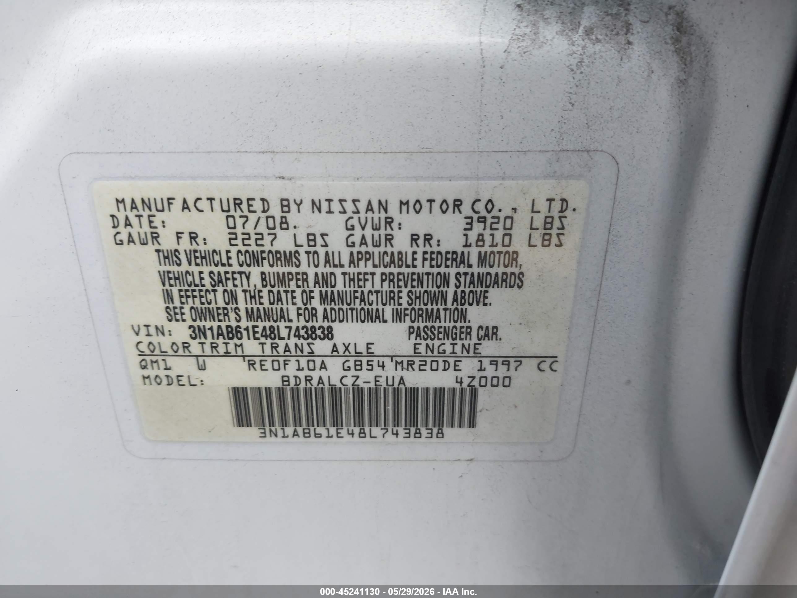 2008 Nissan Sentra 2.0 Белый vin: 3N1AB61E48L743838