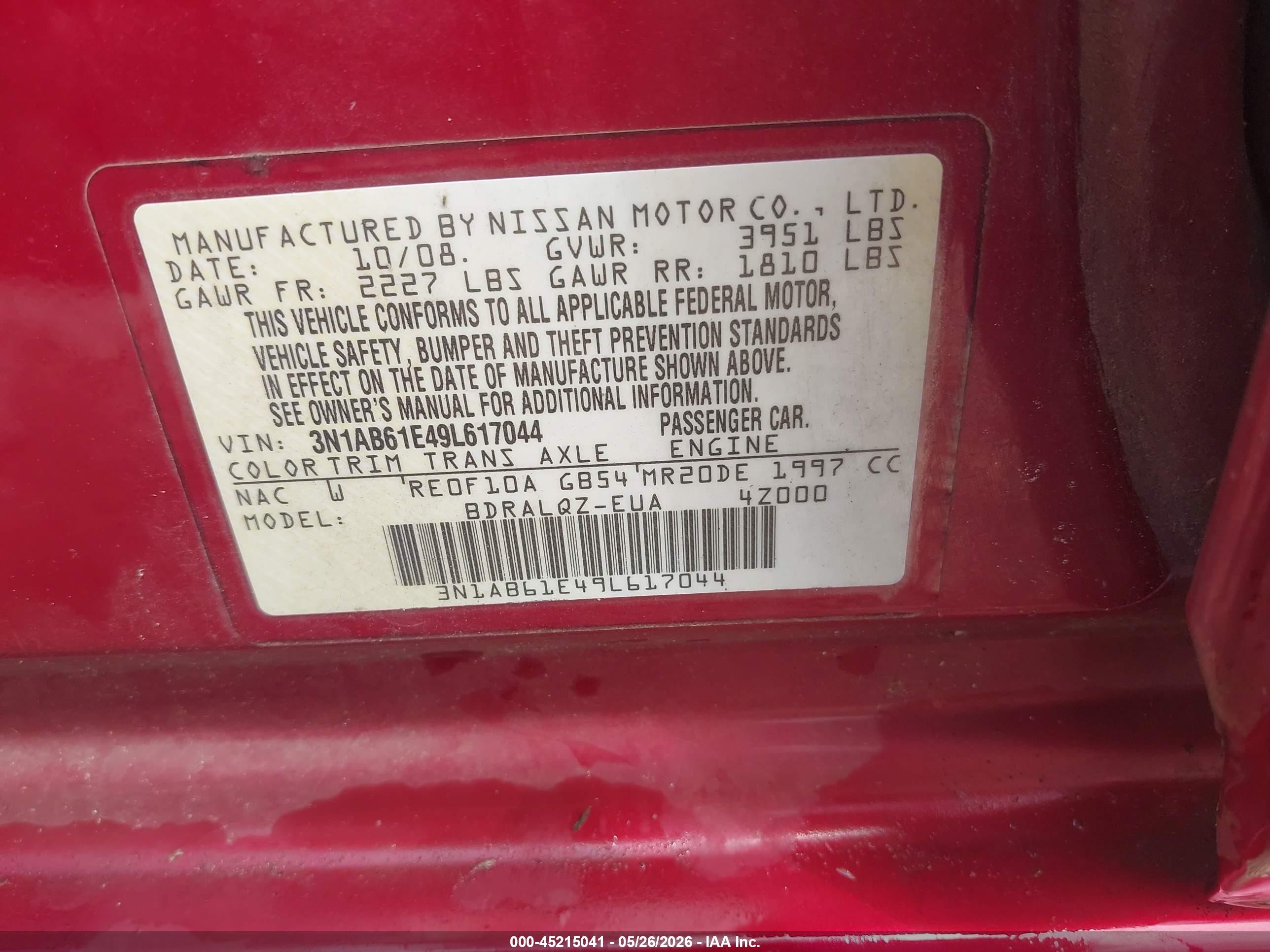 2009 Nissan Sentra 2.0 Бордовый vin: 3N1AB61E49L617044