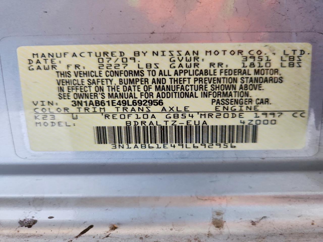 2009 Nissan Sentra 2.0 Silver vin: 3N1AB61E49L692956