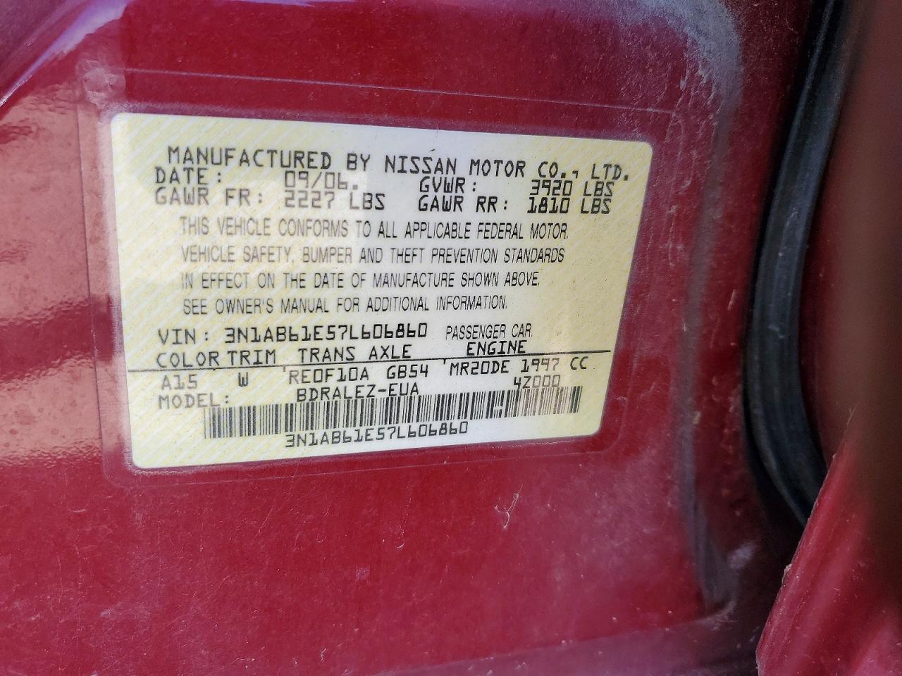 2007 Nissan Sentra 2.0 Burgundy vin: 3N1AB61E57L606860