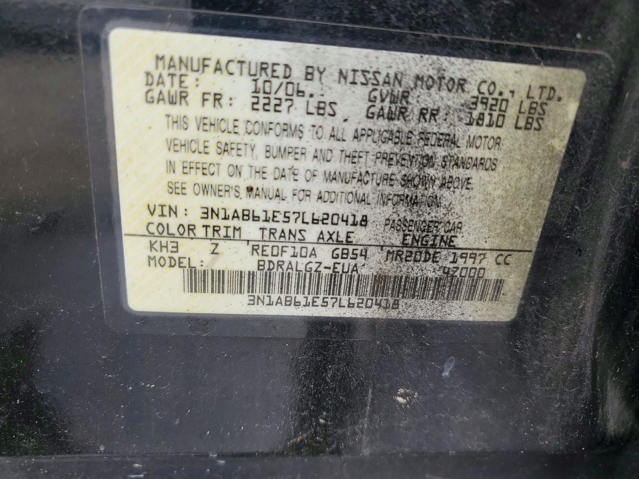 2007 Nissan Sentra 2.0 Gray vin: 3N1AB61E57L620418