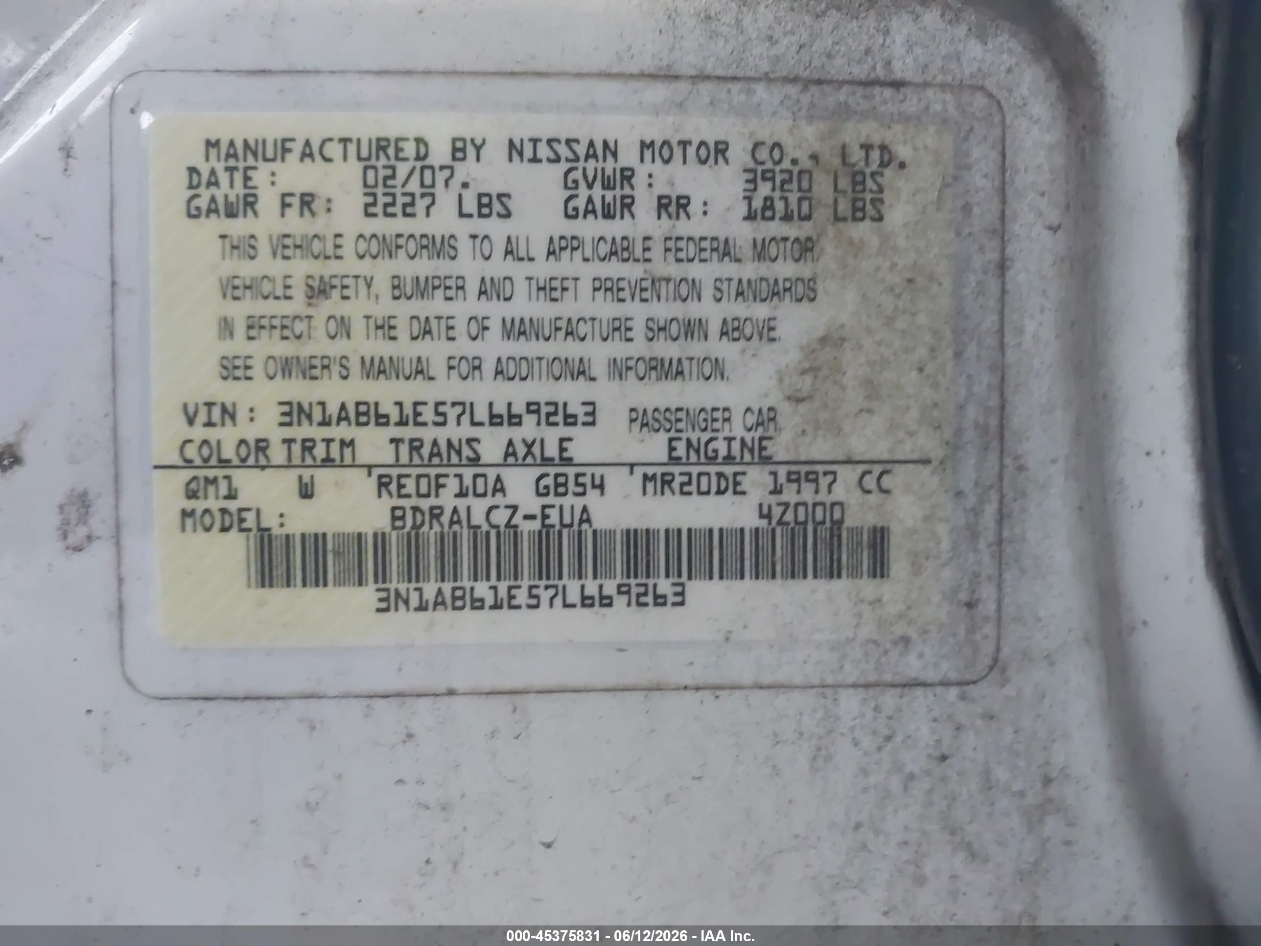 2007 Nissan Sentra 2.0 Серый vin: 3N1AB61E57L669263