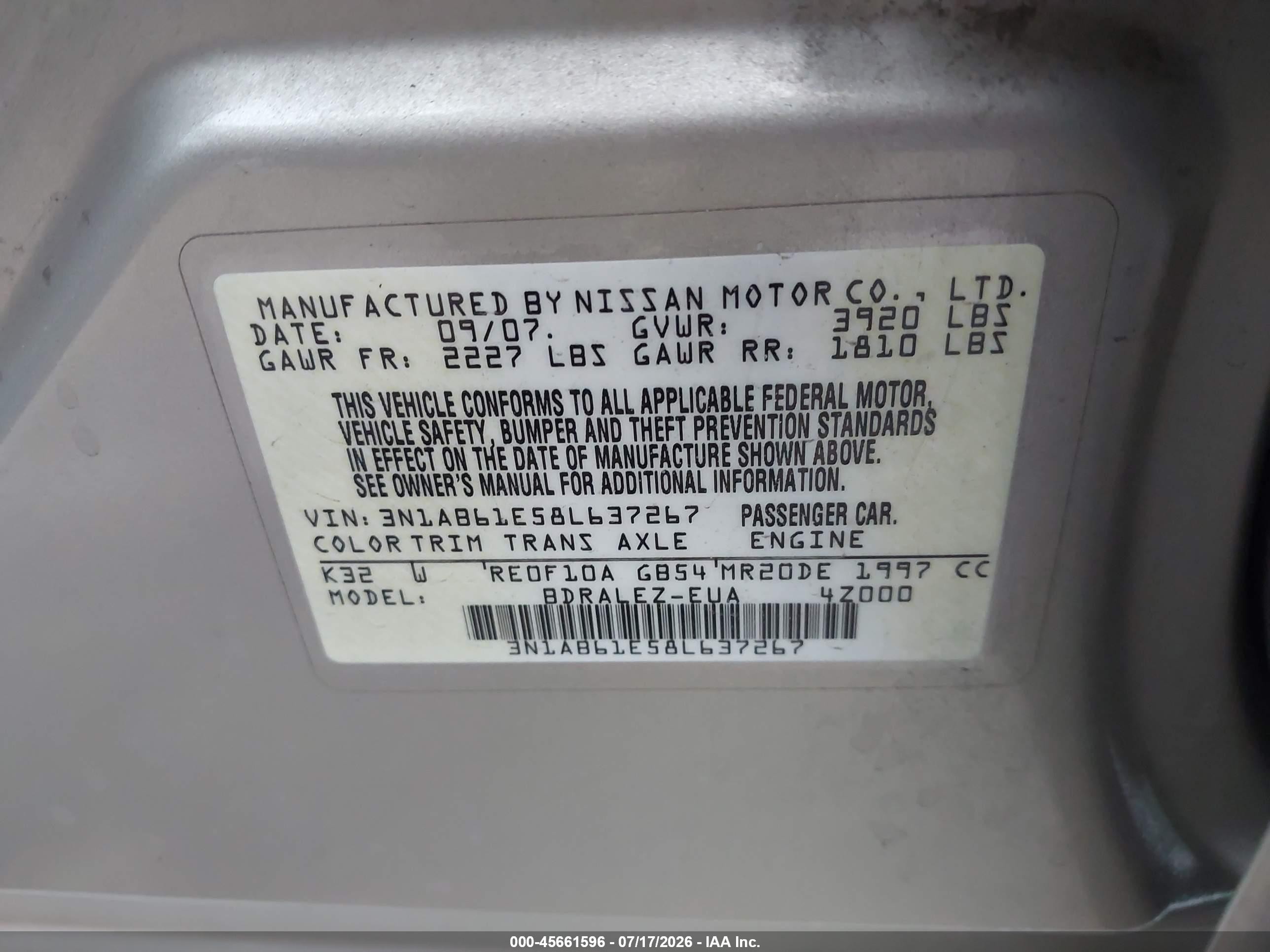 2008 Nissan Sentra 2.0 S Gold vin: 3N1AB61E58L637267