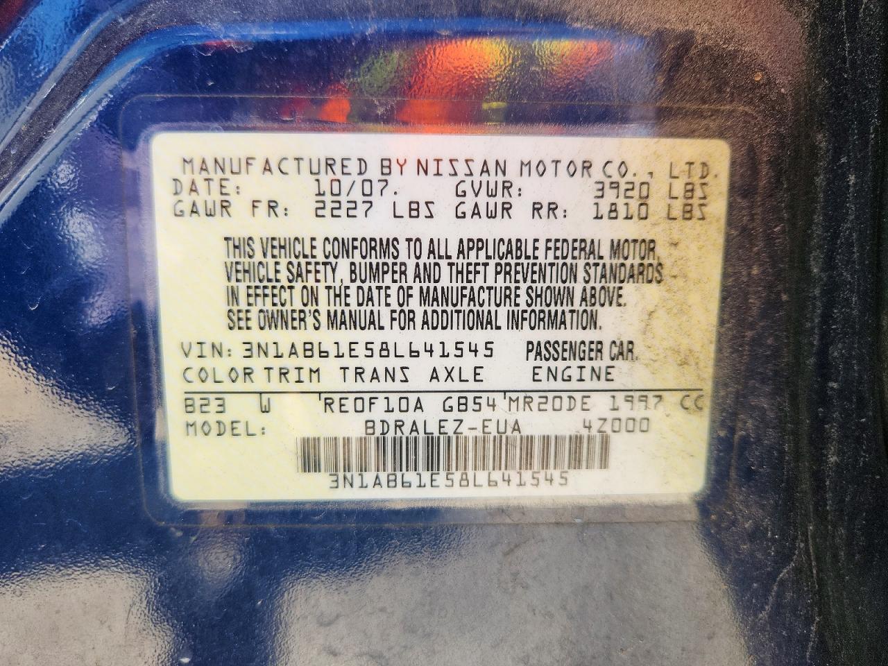 2008 Nissan Sentra 2.0 Blue vin: 3N1AB61E58L641545