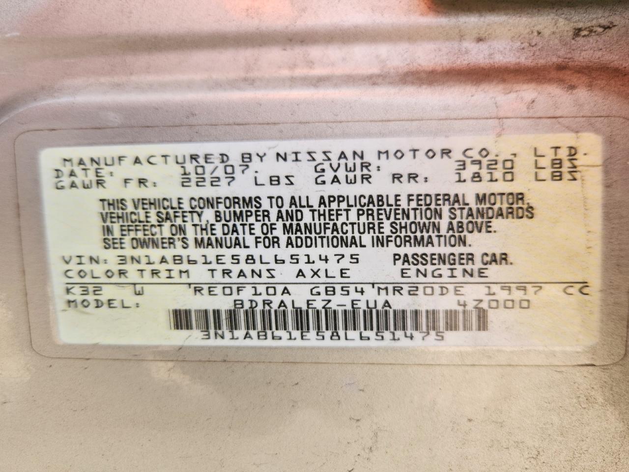 2008 Nissan Sentra 2.0 Gold vin: 3N1AB61E58L651475