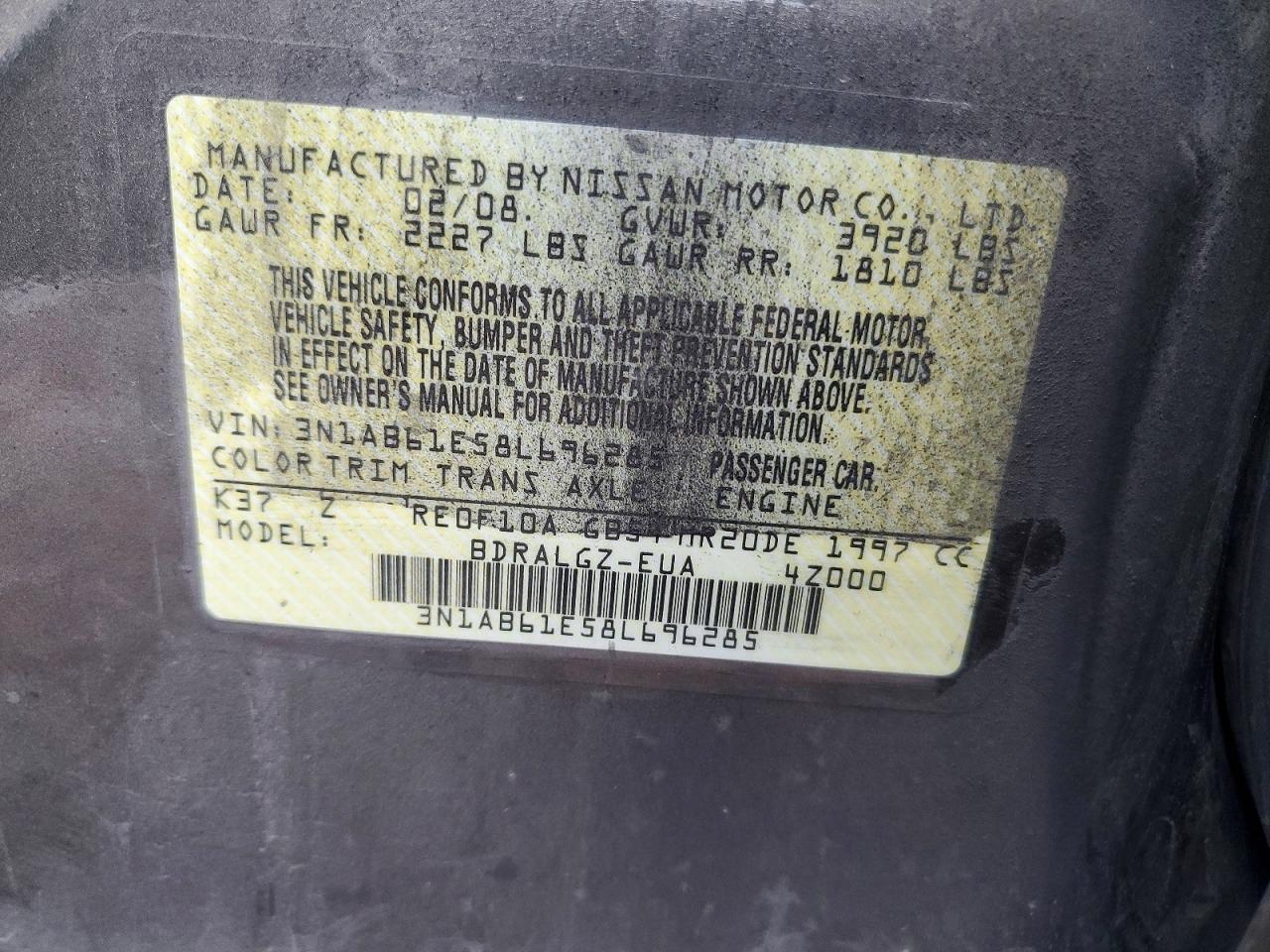 2008 Nissan Sentra 2.0 Gray vin: 3N1AB61E58L696285