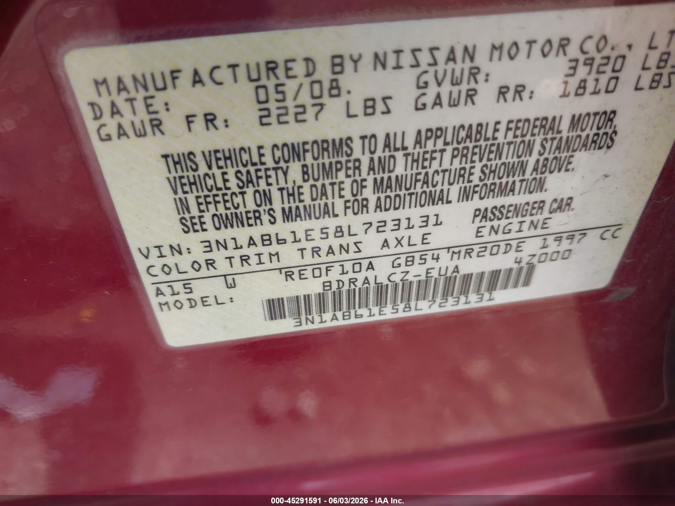 2008 Nissan Sentra 2.0 Red vin: 3N1AB61E58L723131