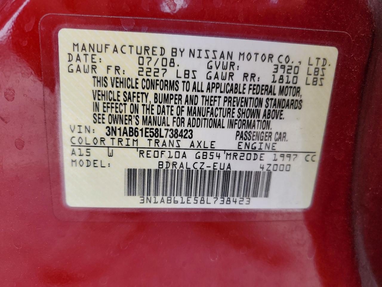 2008 Nissan Sentra 2.0 Burgundy vin: 3N1AB61E58L738423