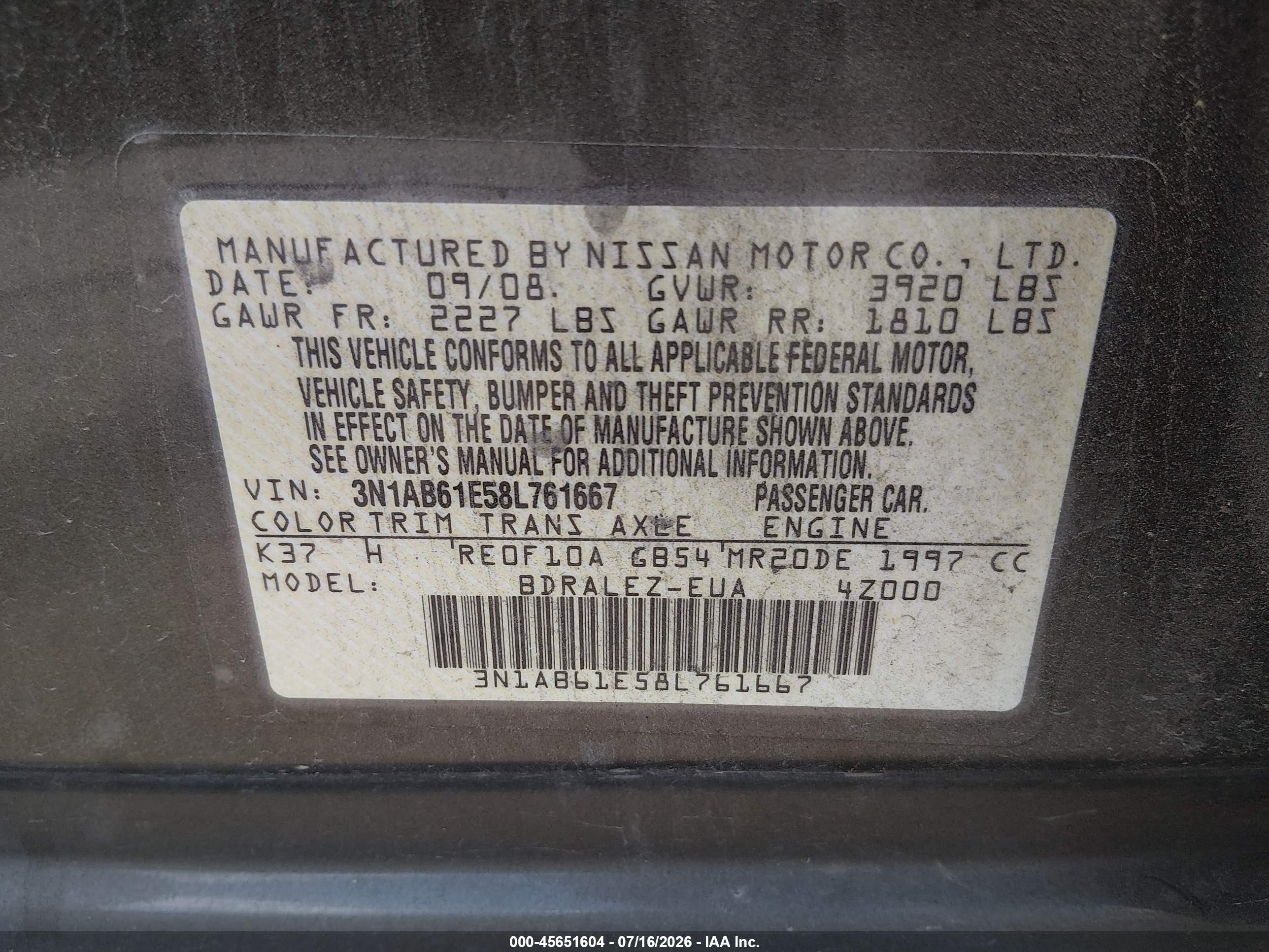 2008 Nissan Sentra 2.0 S Brown vin: 3N1AB61E58L761667