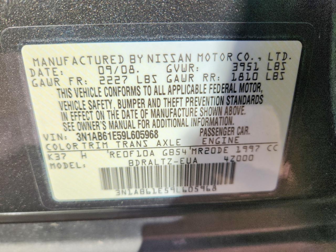 2009 Nissan Sentra 2.0 Gray vin: 3N1AB61E59L605968