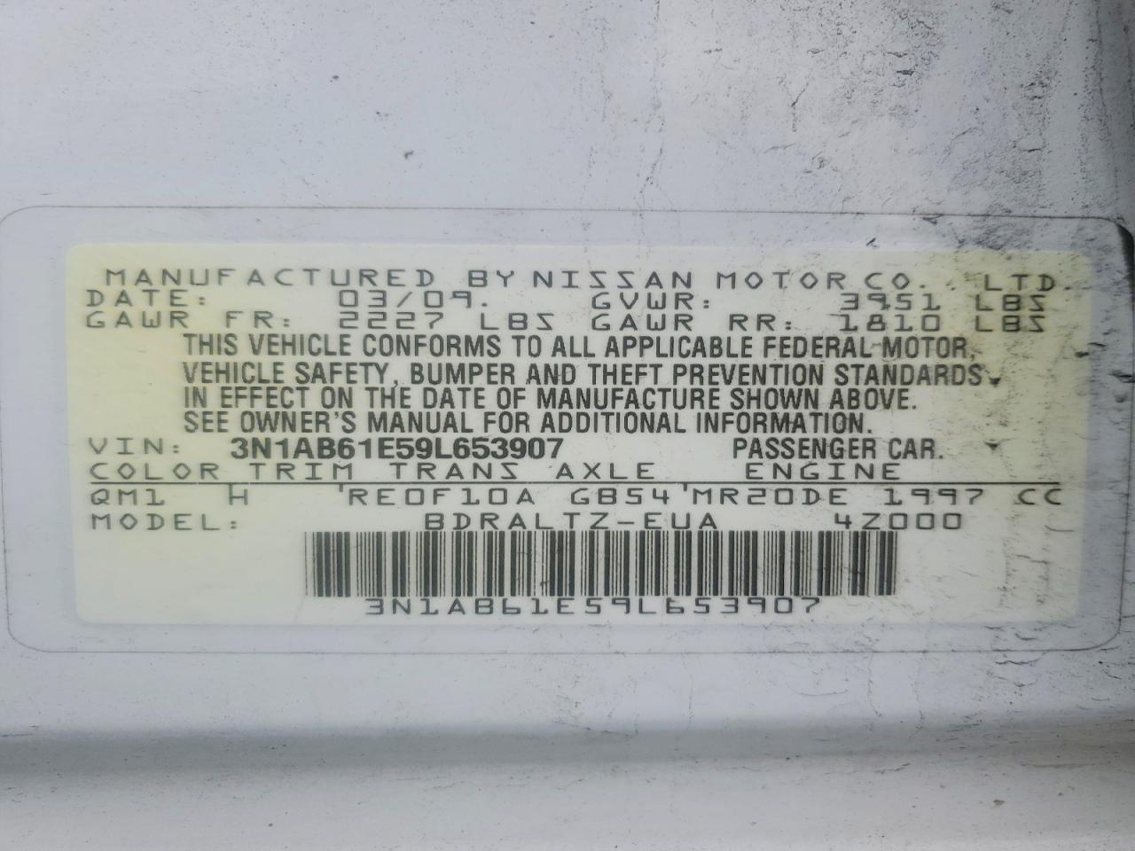 2009 Nissan Sentra 2.0 Белый vin: 3N1AB61E59L653907