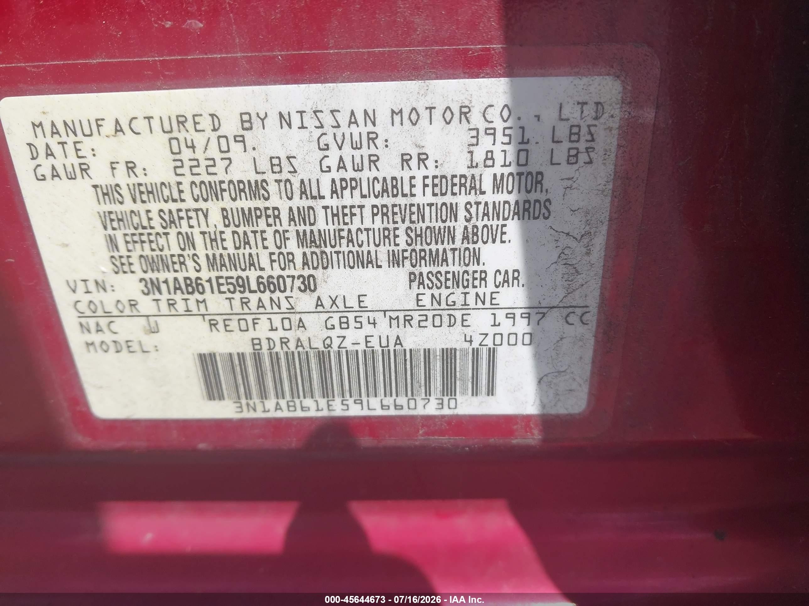 2009 Nissan Sentra 2.0 Red vin: 3N1AB61E59L660730