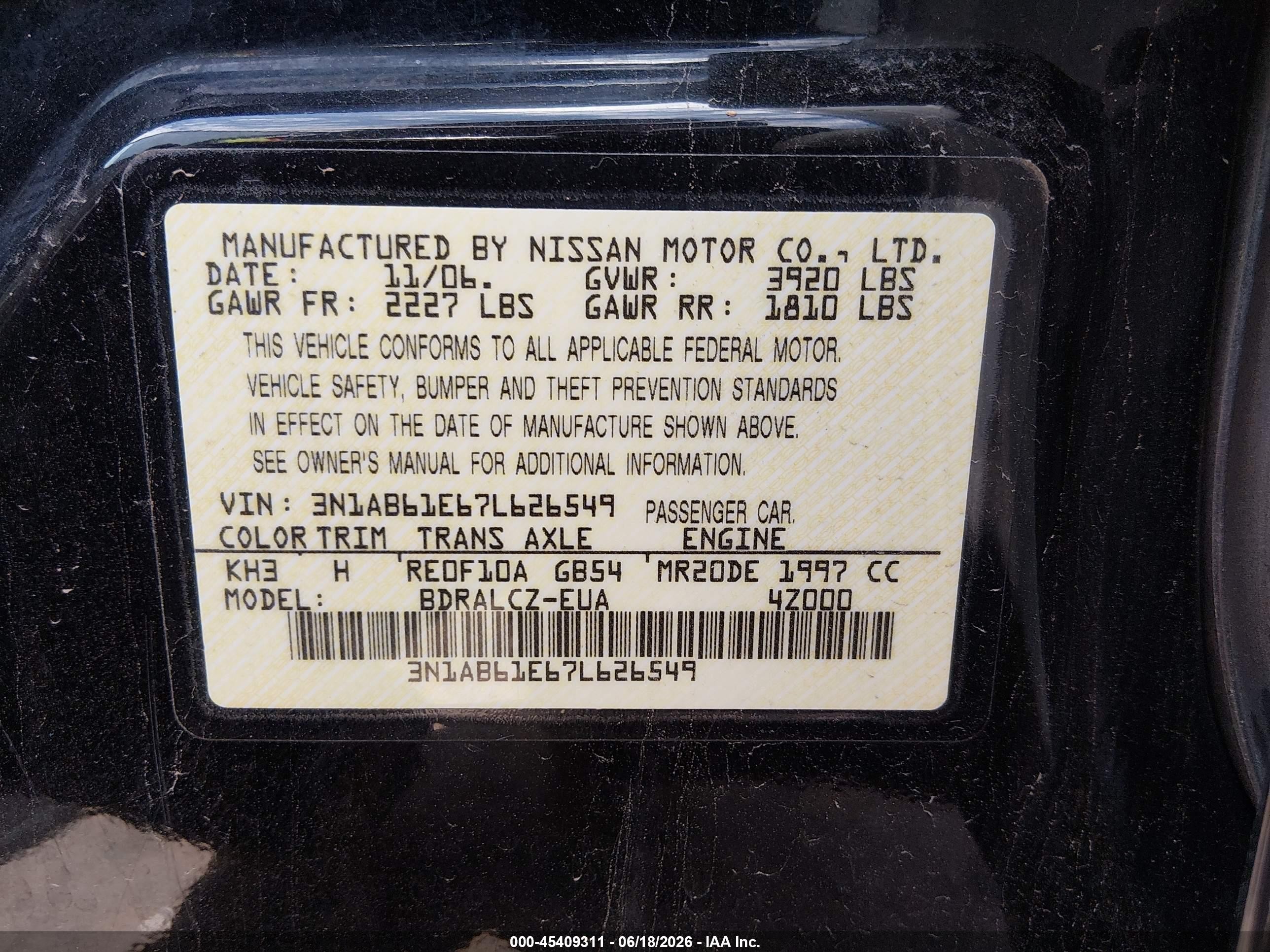 2007 Nissan Sentra 2.0 Black vin: 3N1AB61E67L626549