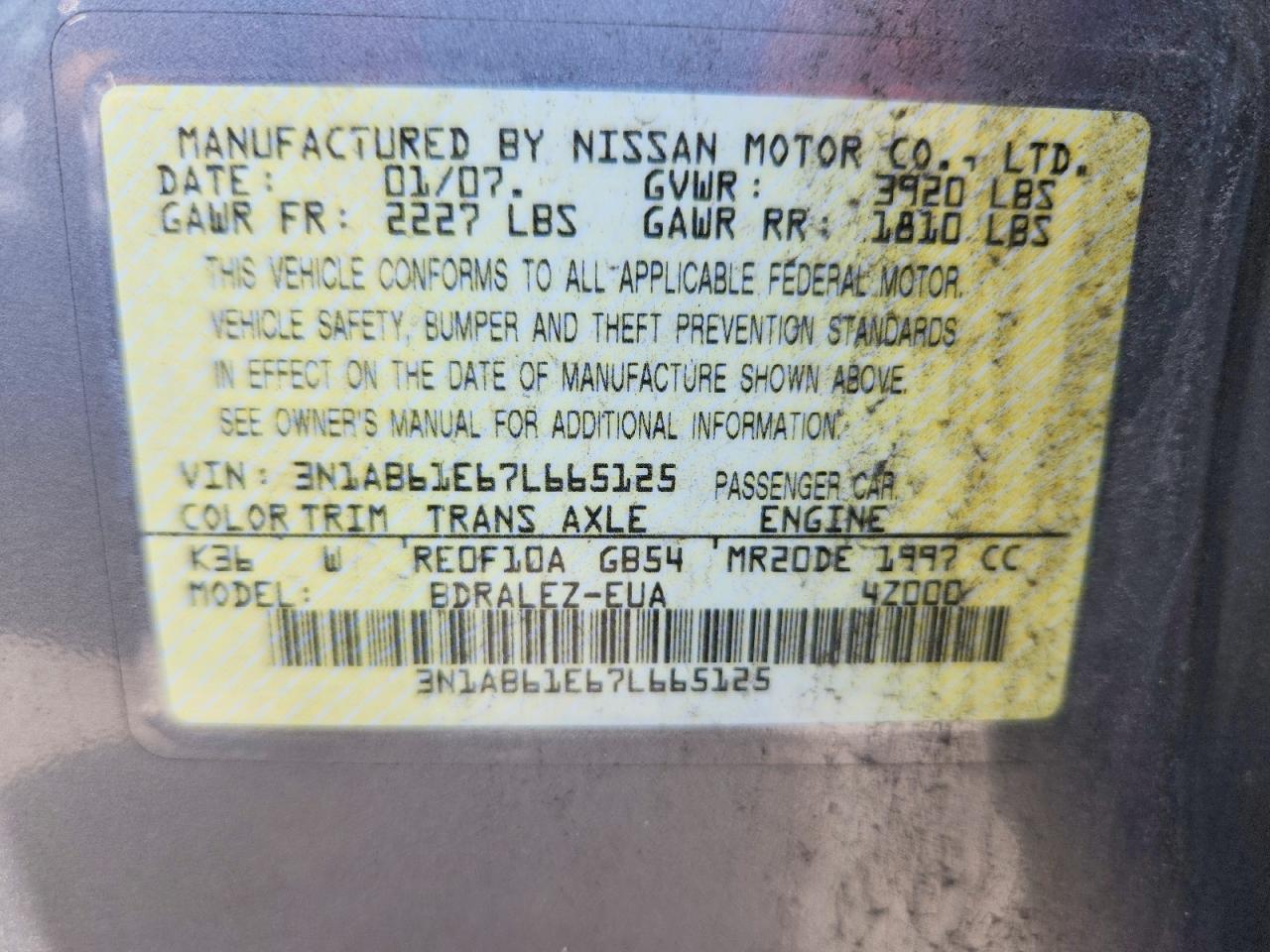 2007 Nissan Sentra 2.0 Silver vin: 3N1AB61E67L665125