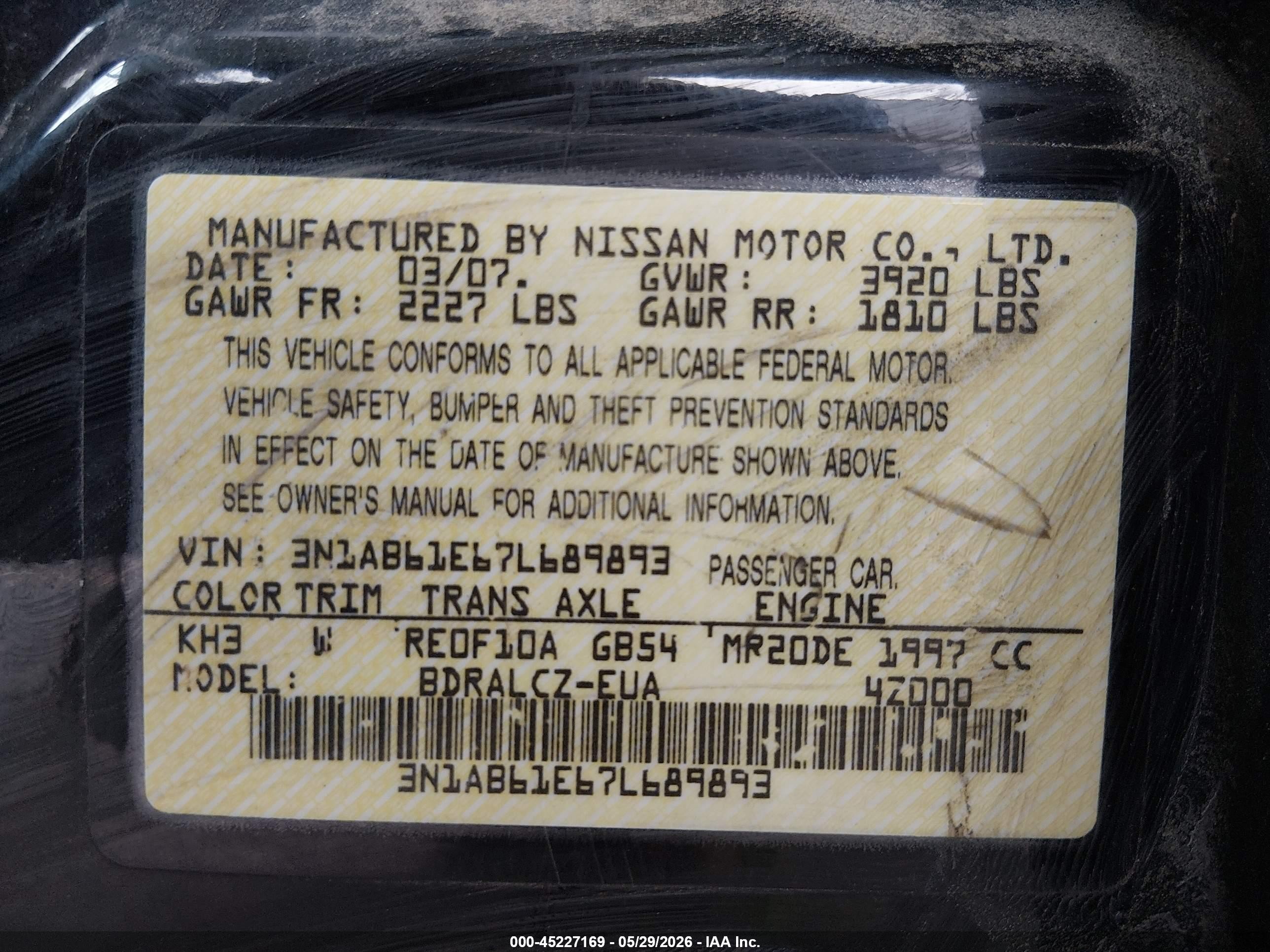 2007 Nissan Sentra 2.0 Black vin: 3N1AB61E67L689893