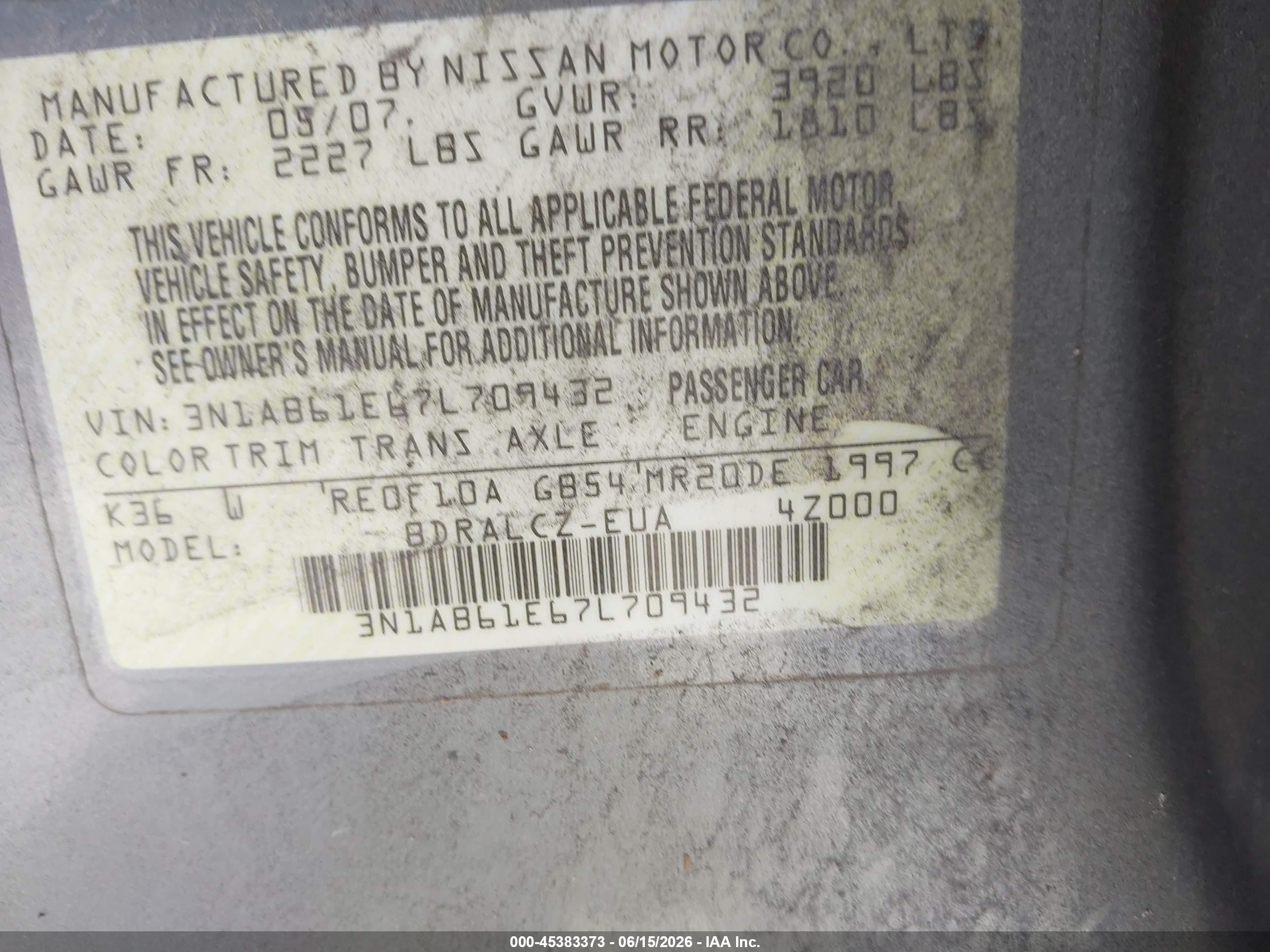 2007 Nissan Sentra 2.0 Gray vin: 3N1AB61E67L709432