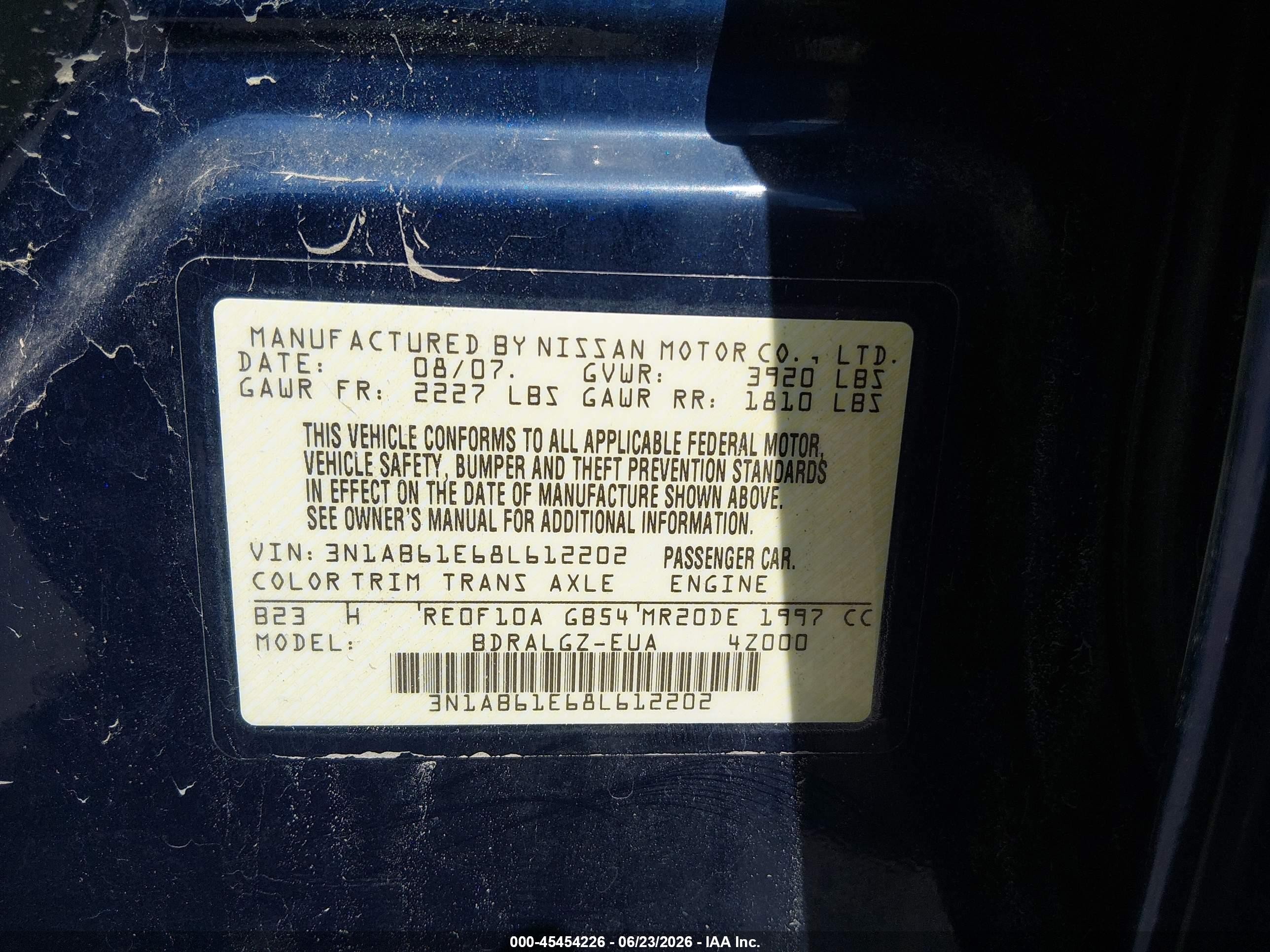 2008 Nissan Sentra 2.0 Sl Синий vin: 3N1AB61E68L612202