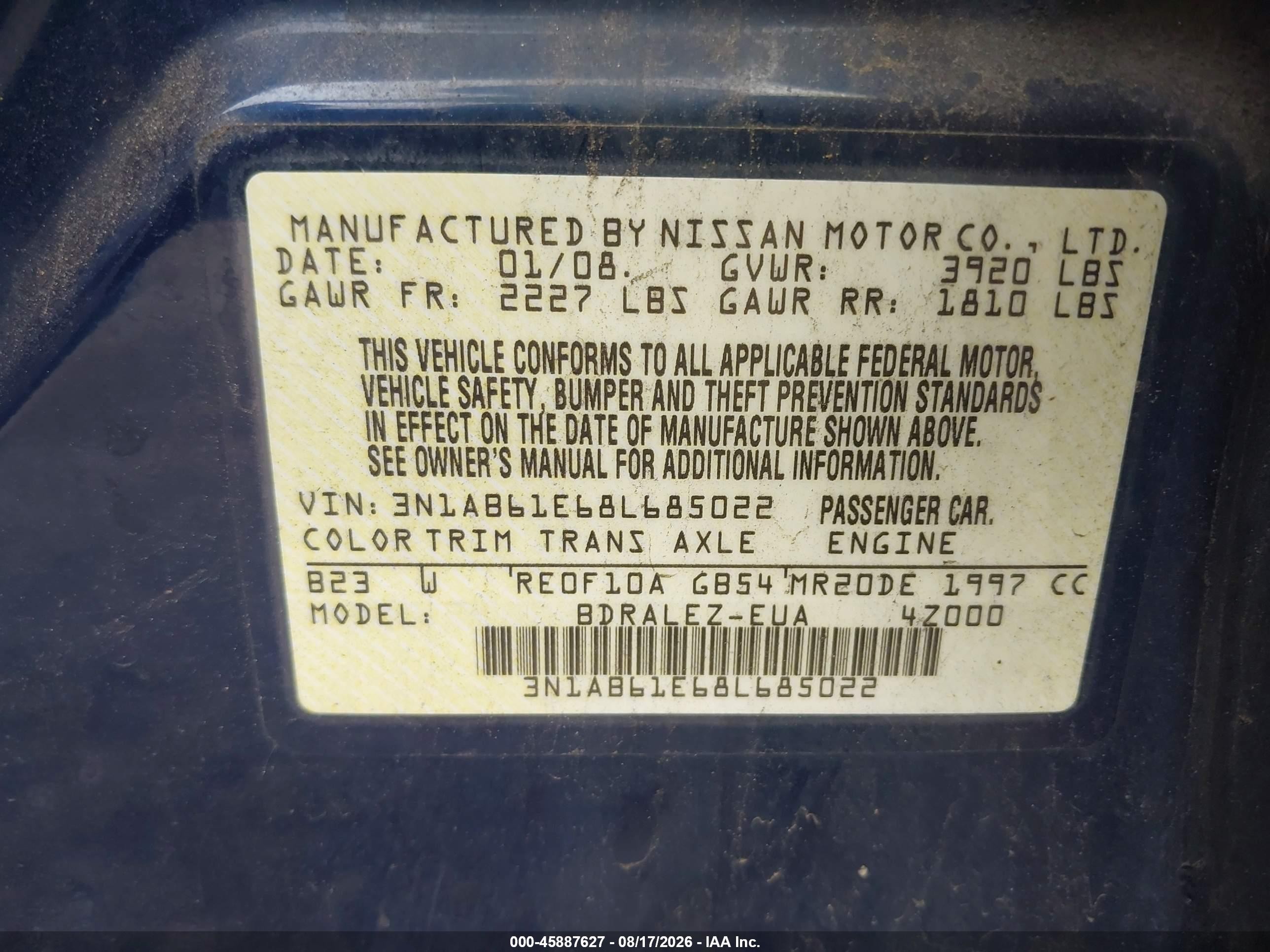 2008 Nissan Sentra 2.0 S Dark Blue vin: 3N1AB61E68L685022
