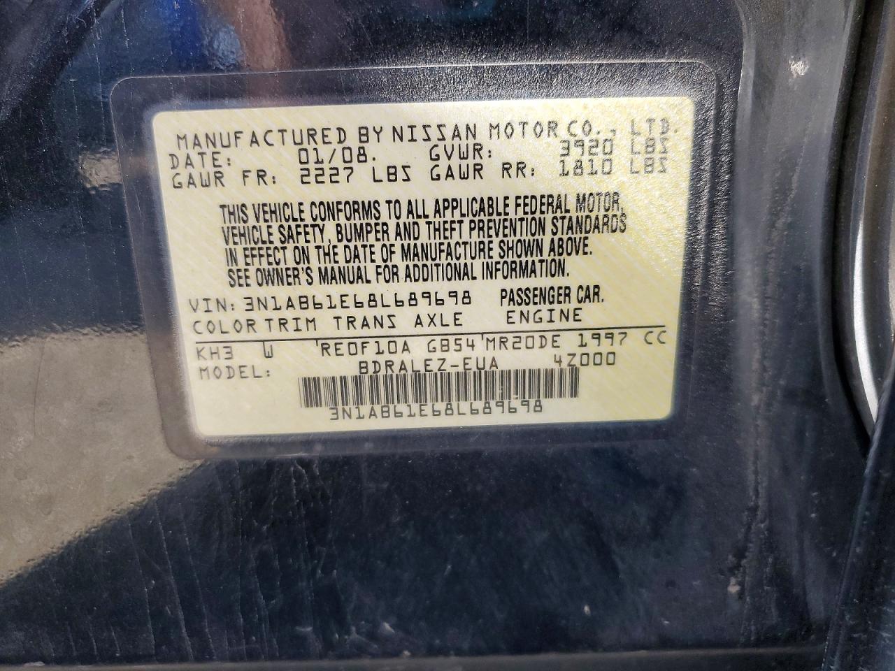 2008 Nissan Sentra 2.0 Черный vin: 3N1AB61E68L689698