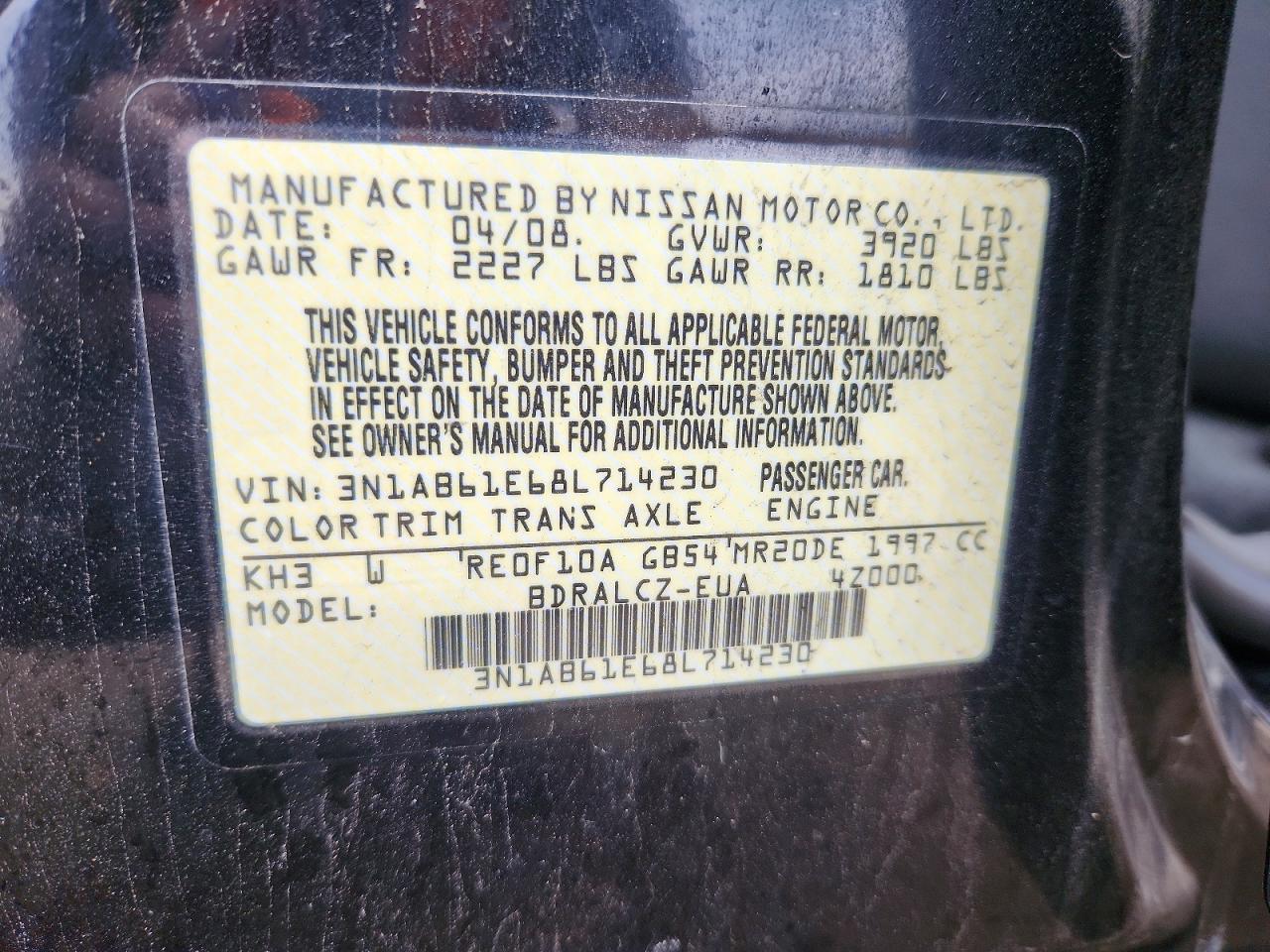 2008 Nissan Sentra 2.0 Black vin: 3N1AB61E68L714230
