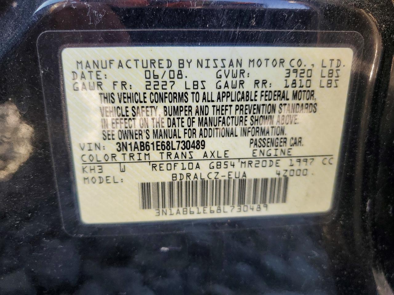 2008 Nissan Sentra 2.0 Black vin: 3N1AB61E68L730489