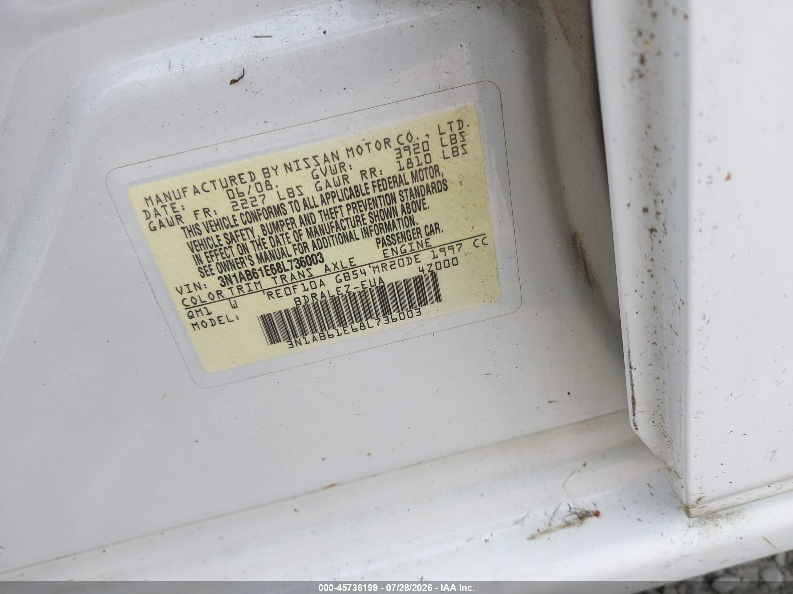 2008 Nissan Sentra 2.0 S White vin: 3N1AB61E68L736003