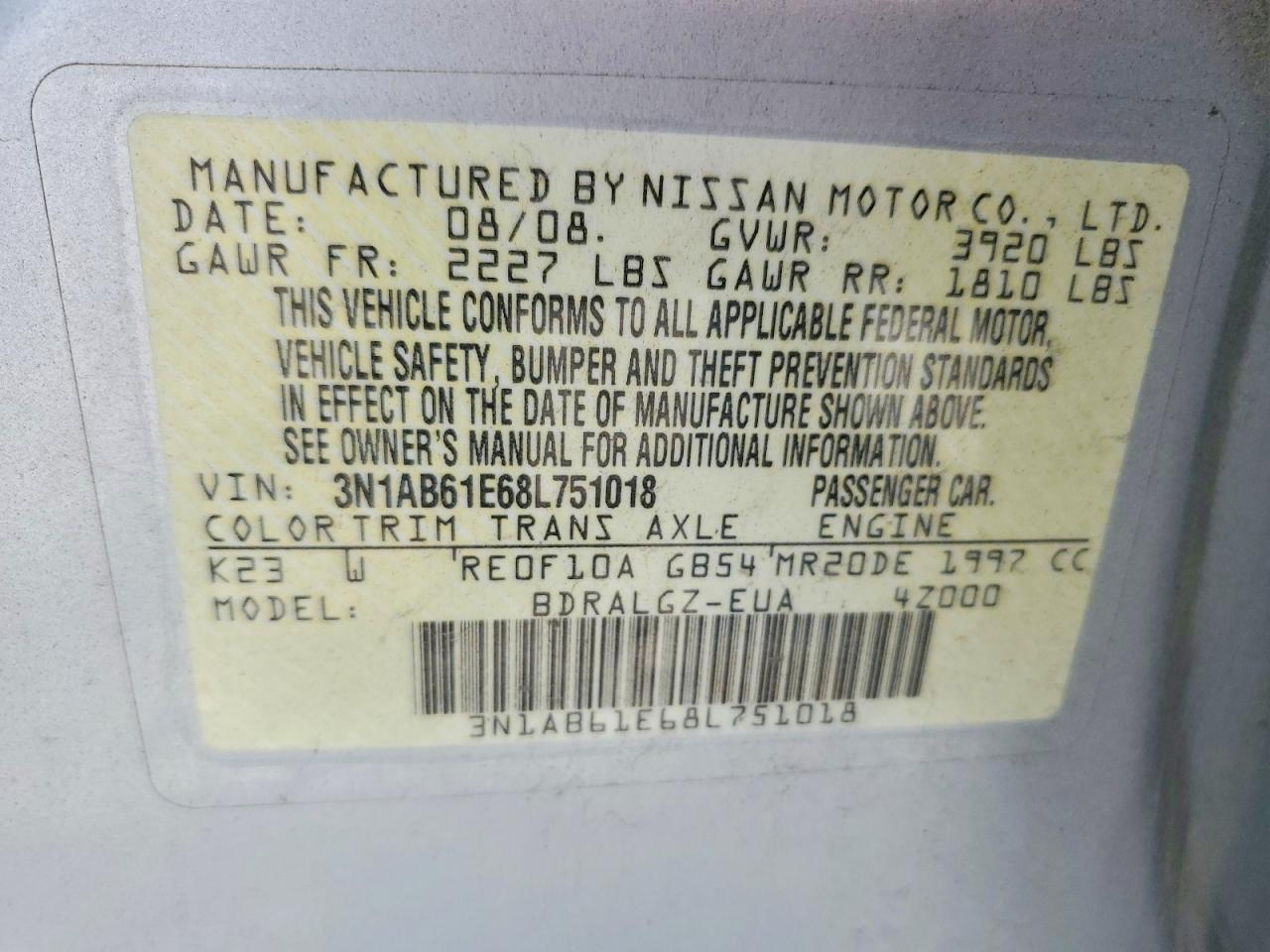2008 Nissan Sentra 2.0 Silver vin: 3N1AB61E68L751018