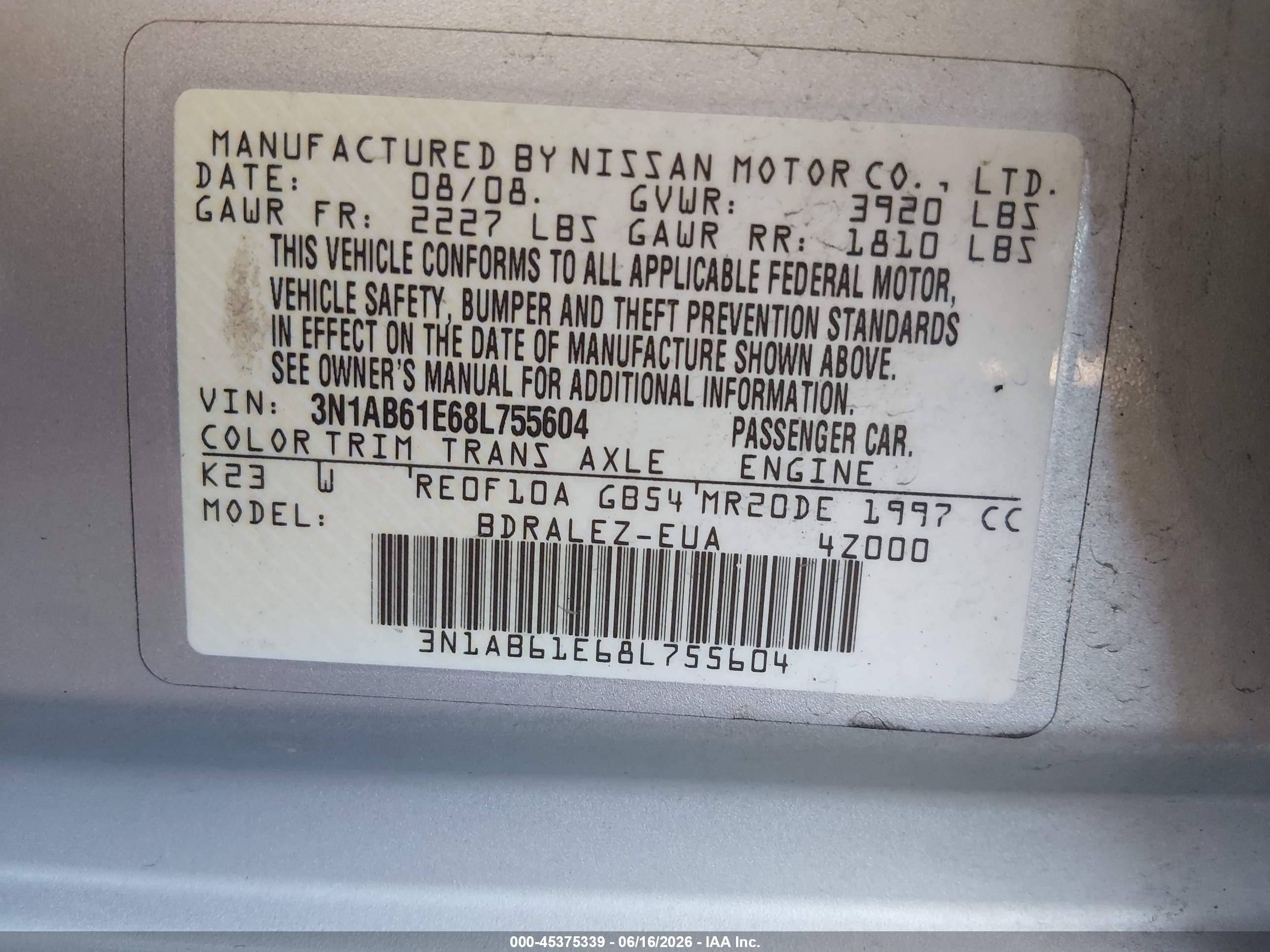 2008 Nissan Sentra 2.0s Серебряный vin: 3N1AB61E68L755604
