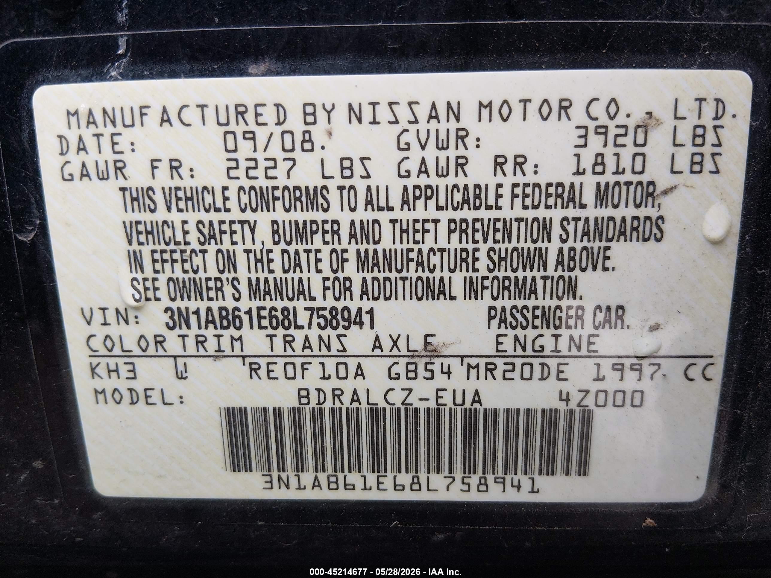 2008 Nissan Sentra 2.0 Black vin: 3N1AB61E68L758941
